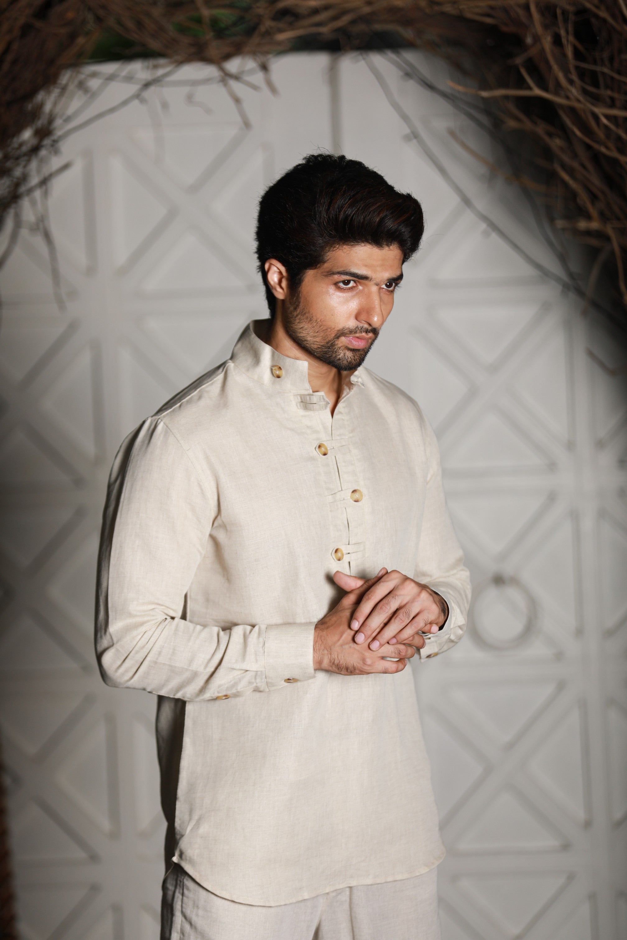 Ecru linen kurta shirt style co-ord set