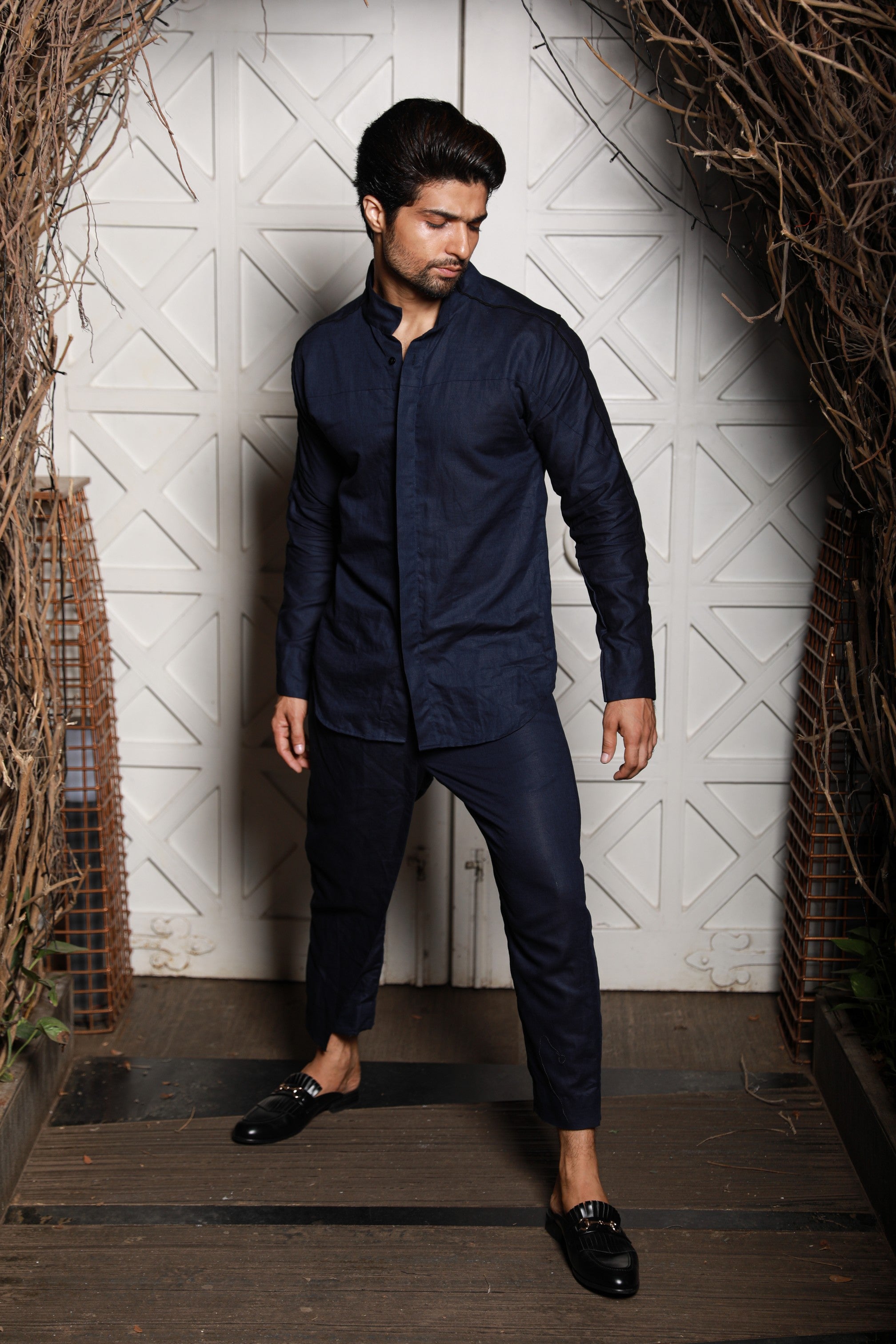 Navy blue linen with black piping co-ord set with black pants