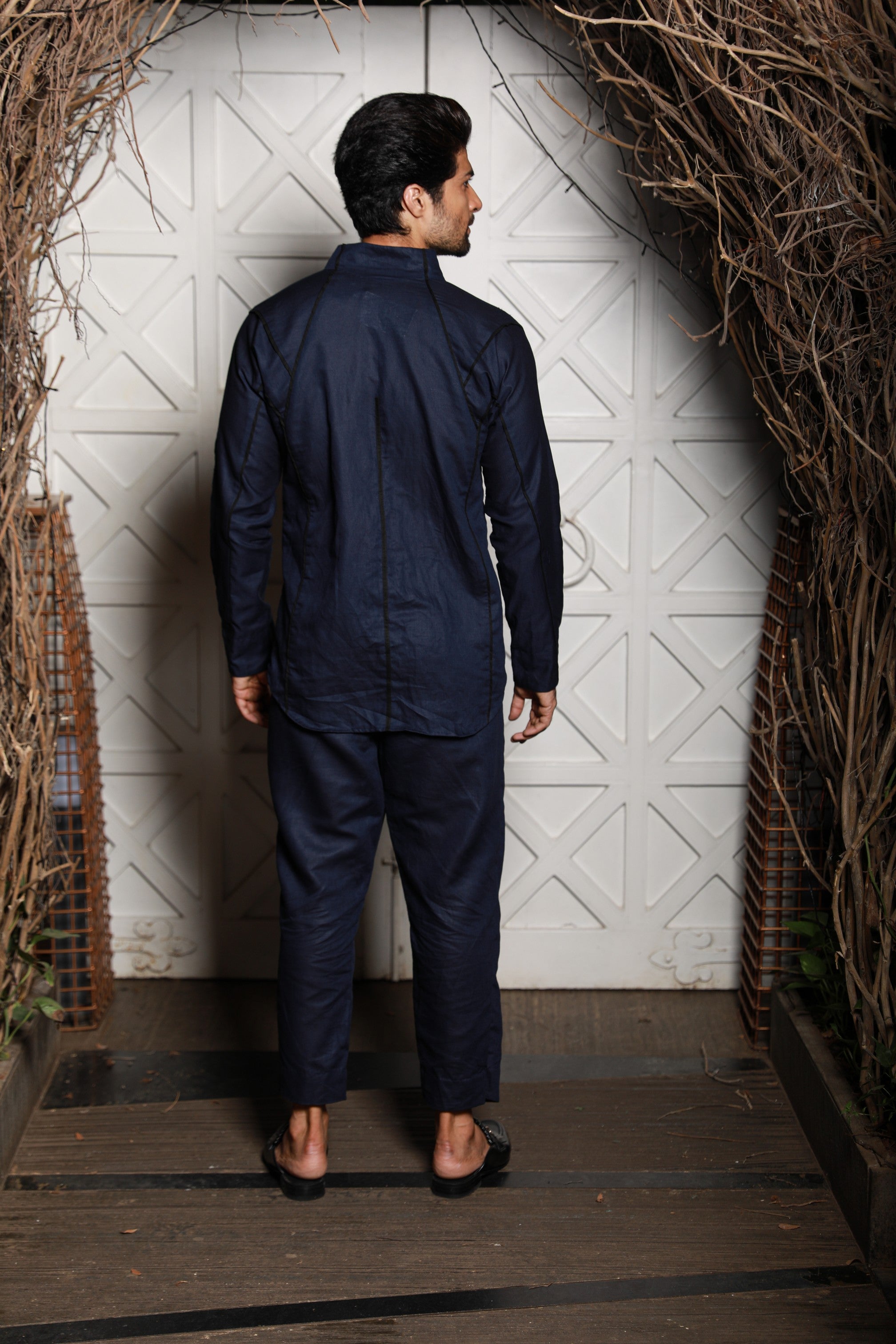 Navy blue linen with black piping co-ord set with black pants
