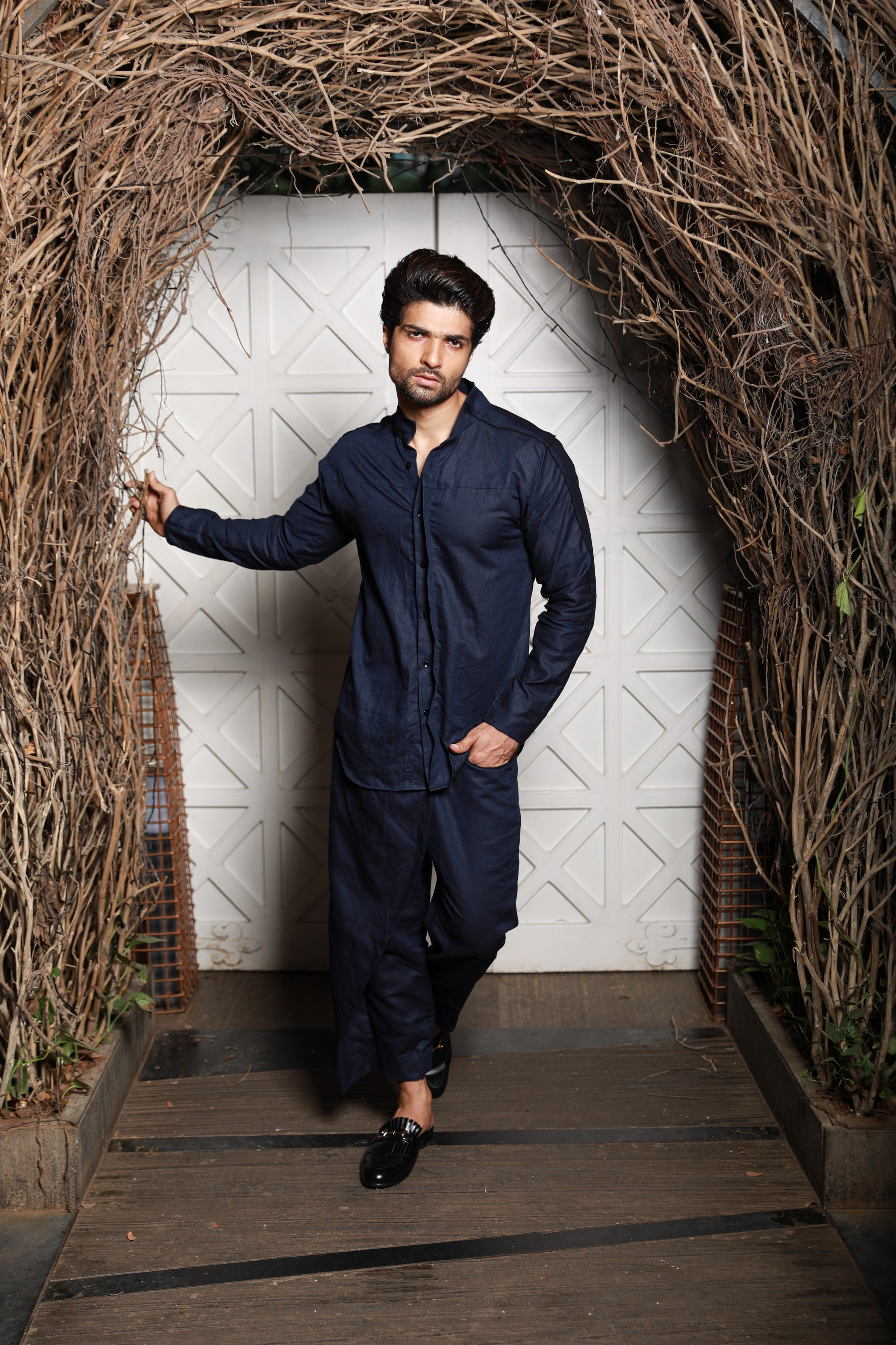 Navy blue linen with black piping co-ord set with black pants