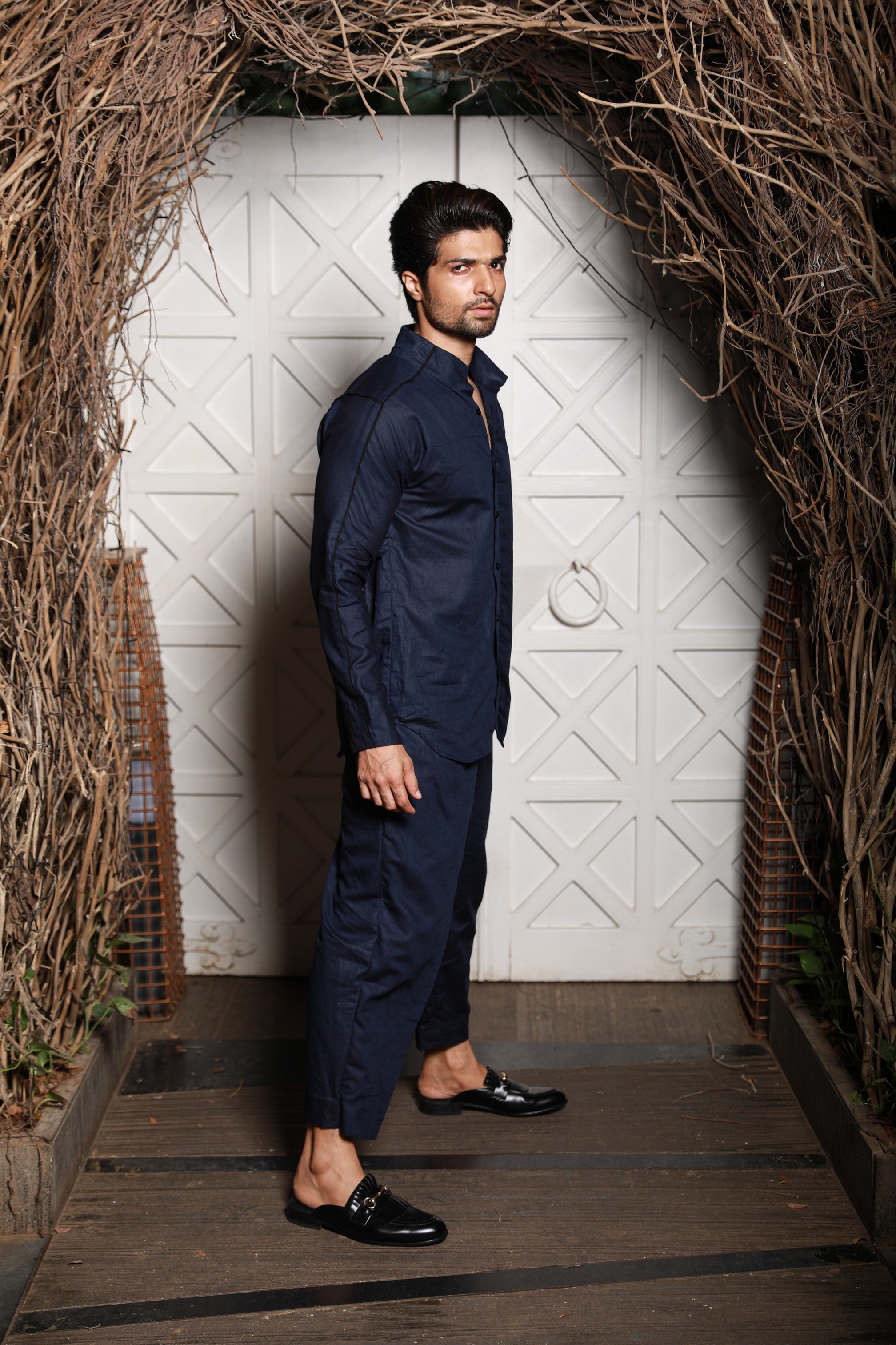 Navy blue linen with black piping co-ord set with black pants