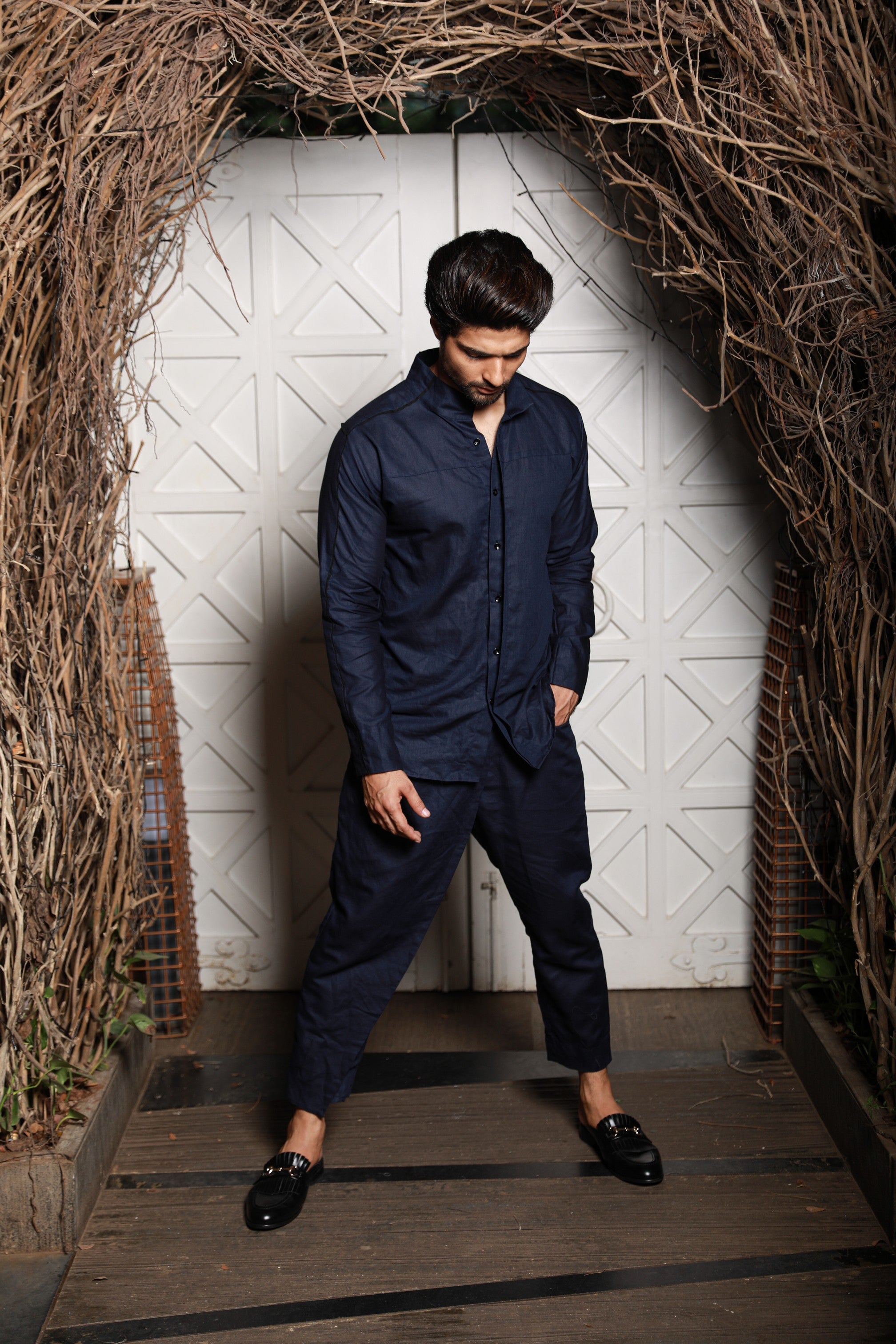 Navy blue linen with black piping co-ord set with black pants
