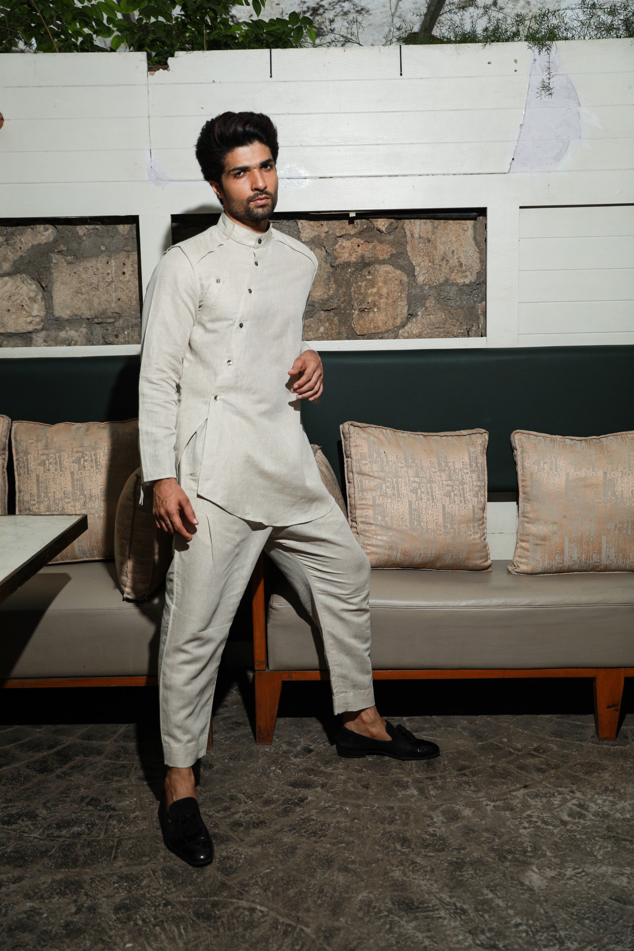 Ecru linen side diagonal placket co-ord set