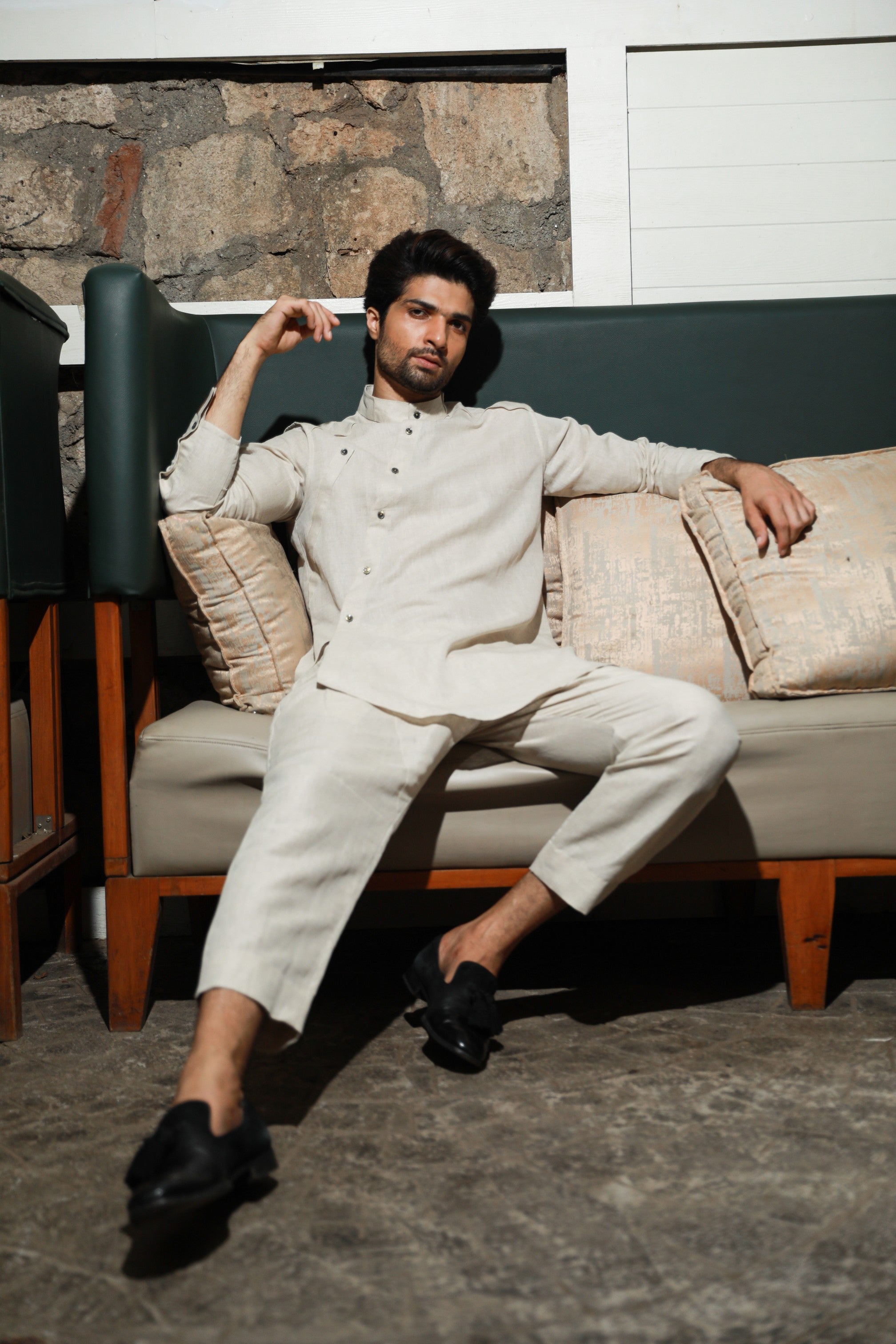 Ecru linen side diagonal placket co-ord set