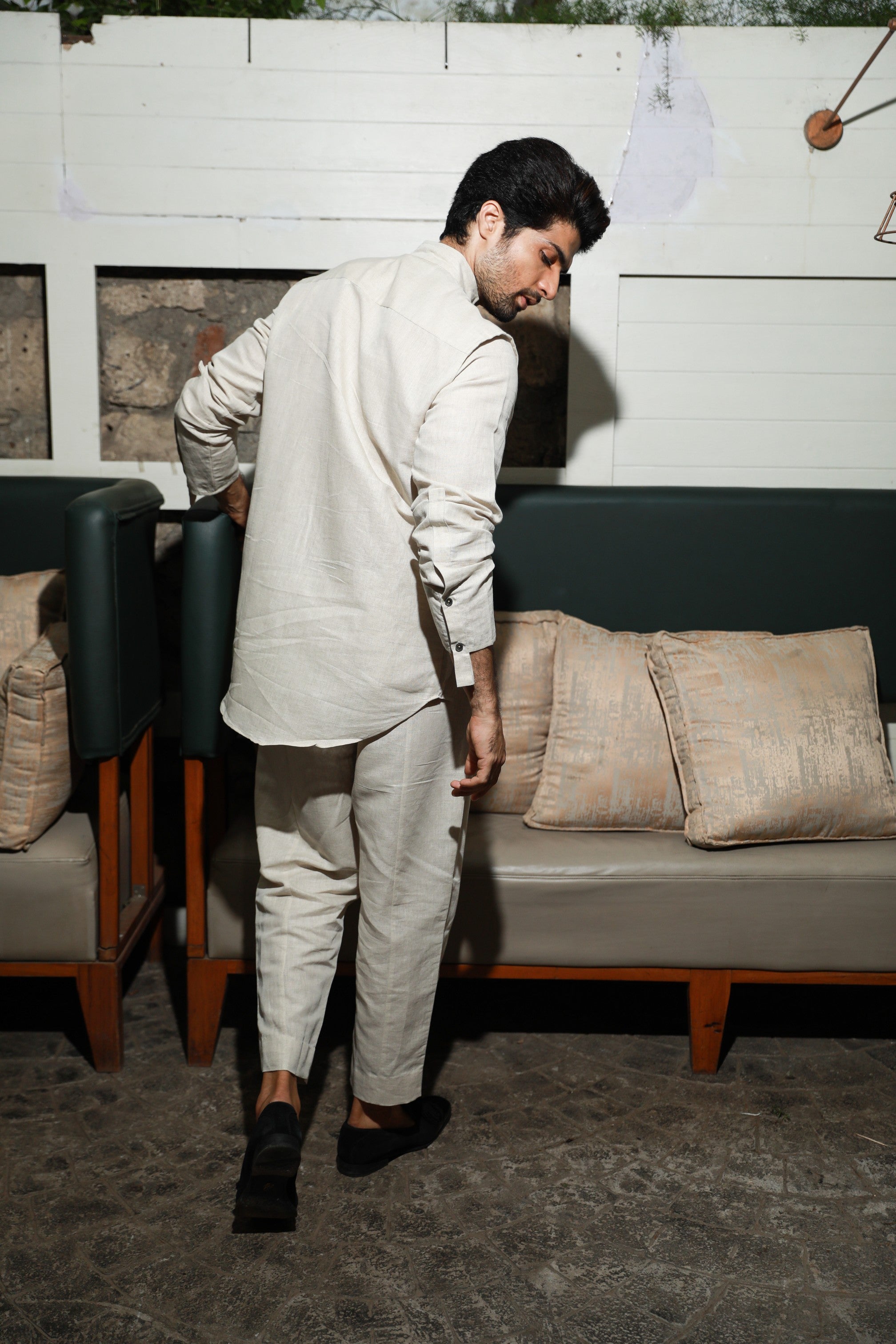 Ecru linen side diagonal placket co-ord set