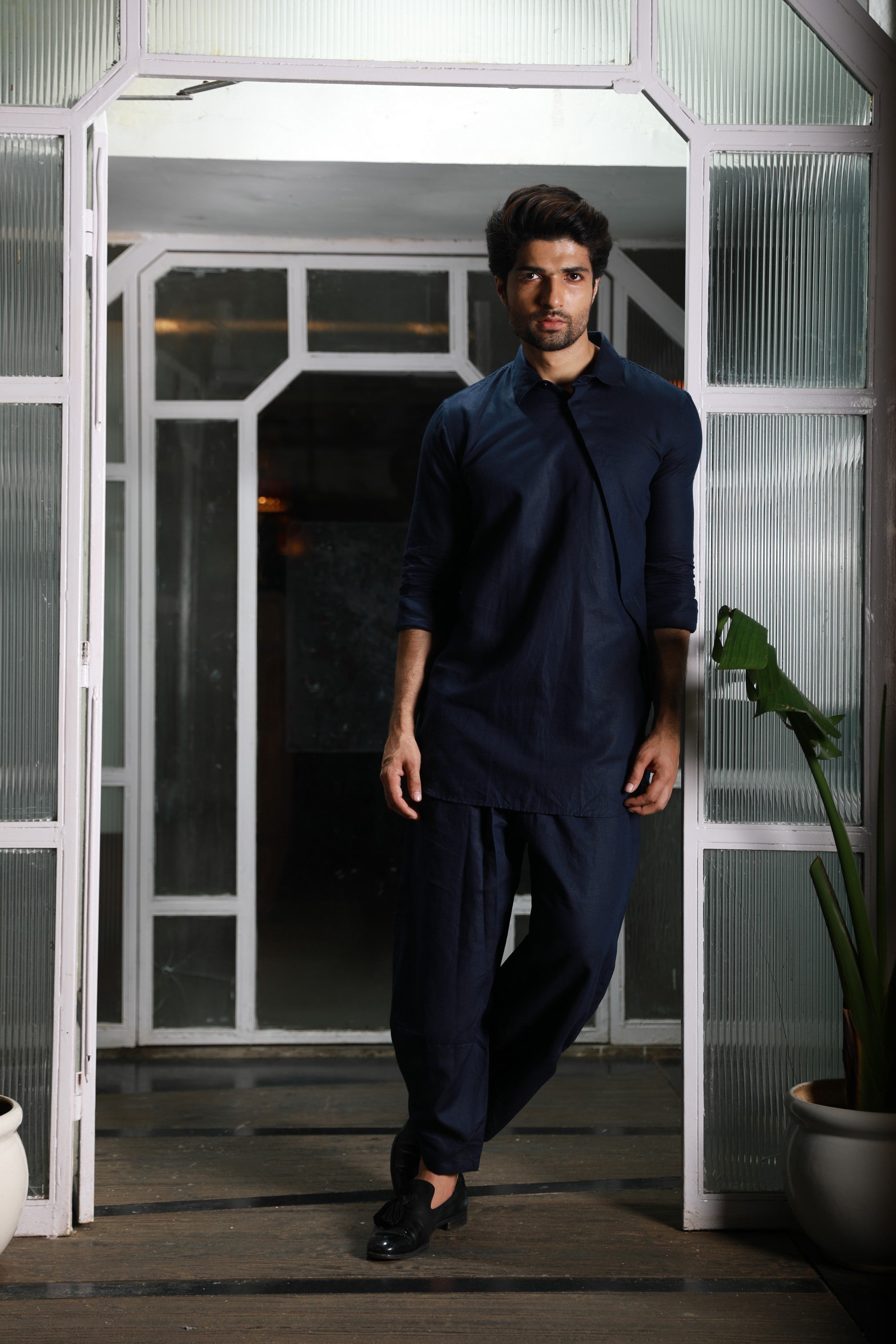 Blue linen small collared kurta with dhoti pants