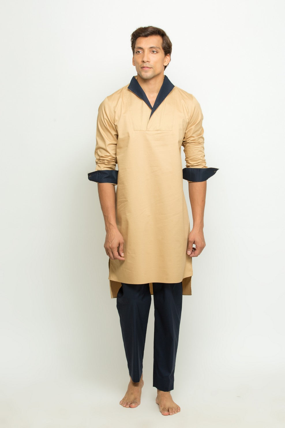 Khaki kurta with high neck cross collar co-ord set
