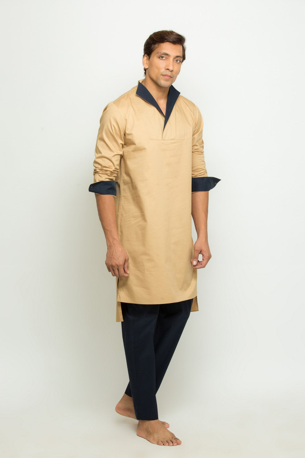 Khaki kurta with high neck cross collar co-ord set