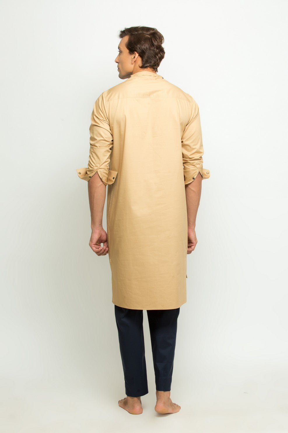 Khaki kurta with high neck cross collar co-ord set