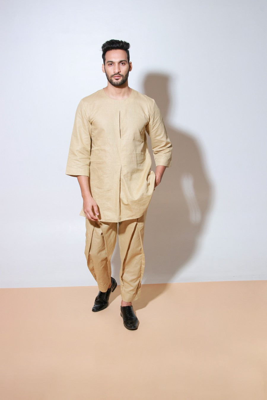 Beige round neck co-ord set with front pleat join feature