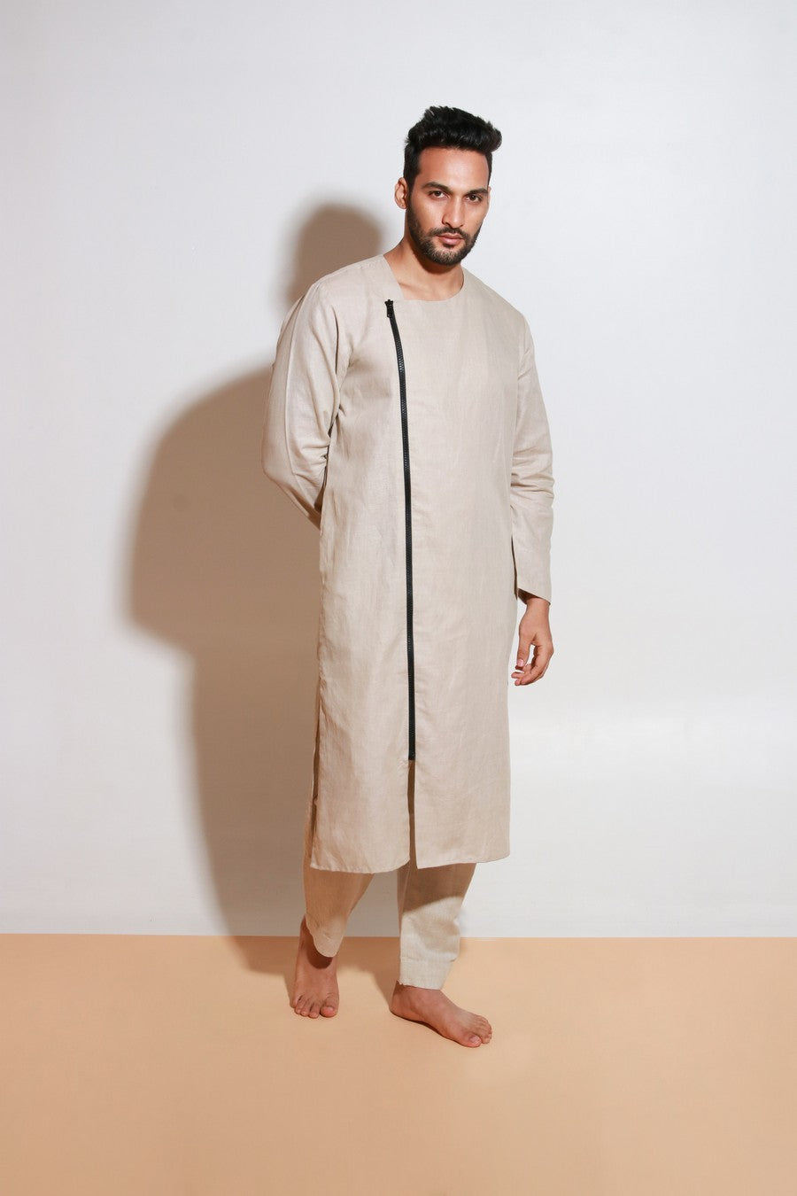 Ecru linen co-ord set with black one side long zip