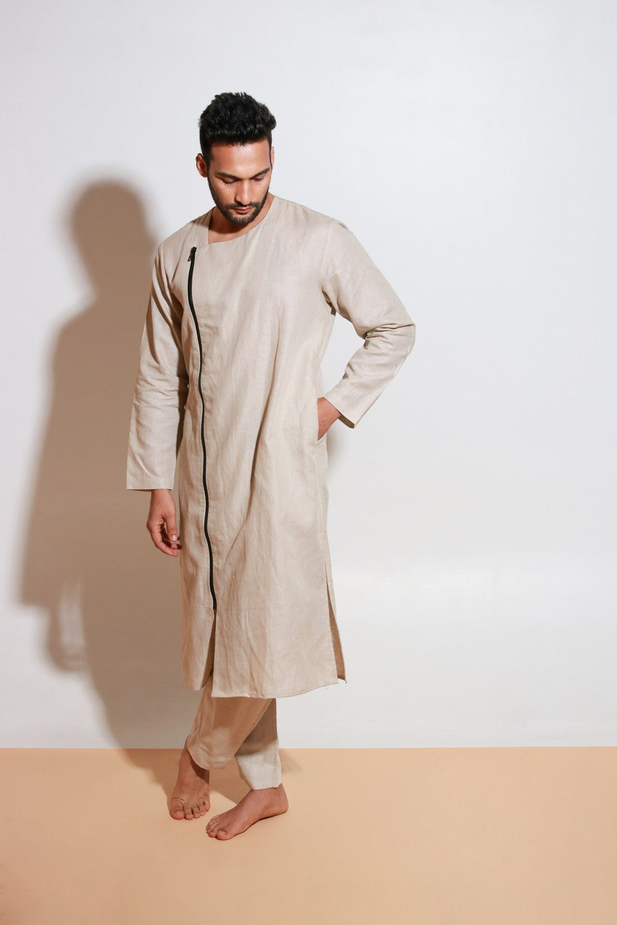 Ecru linen co-ord set with black one side long zip