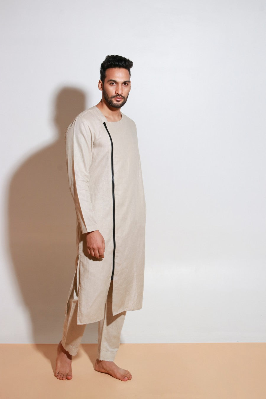 Ecru linen co-ord set with black one side long zip