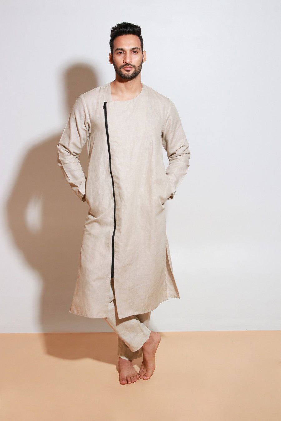 Ecru linen co-ord set with black one side long zip