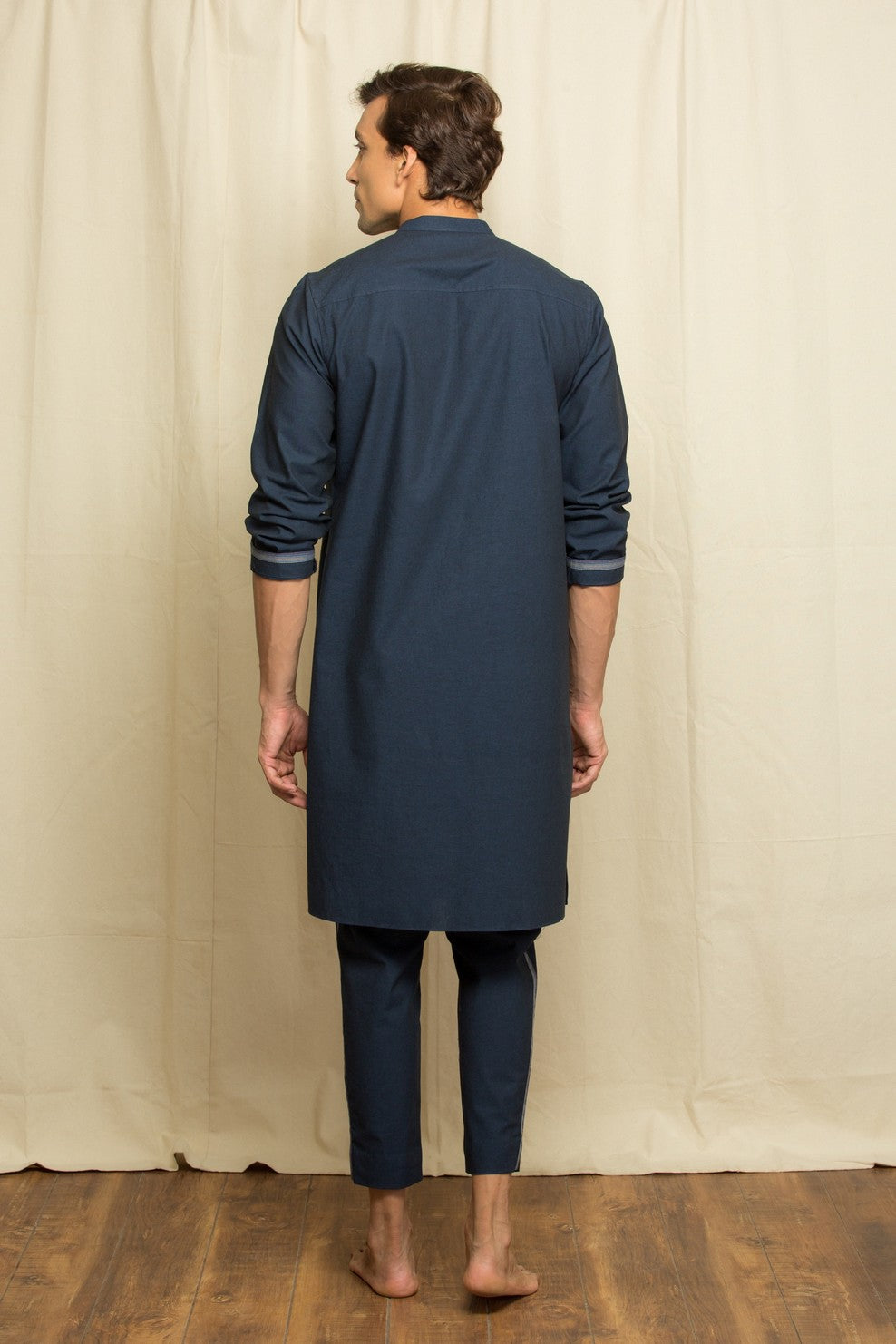 Blue linen kurta with slant button feature and pants co-ord set