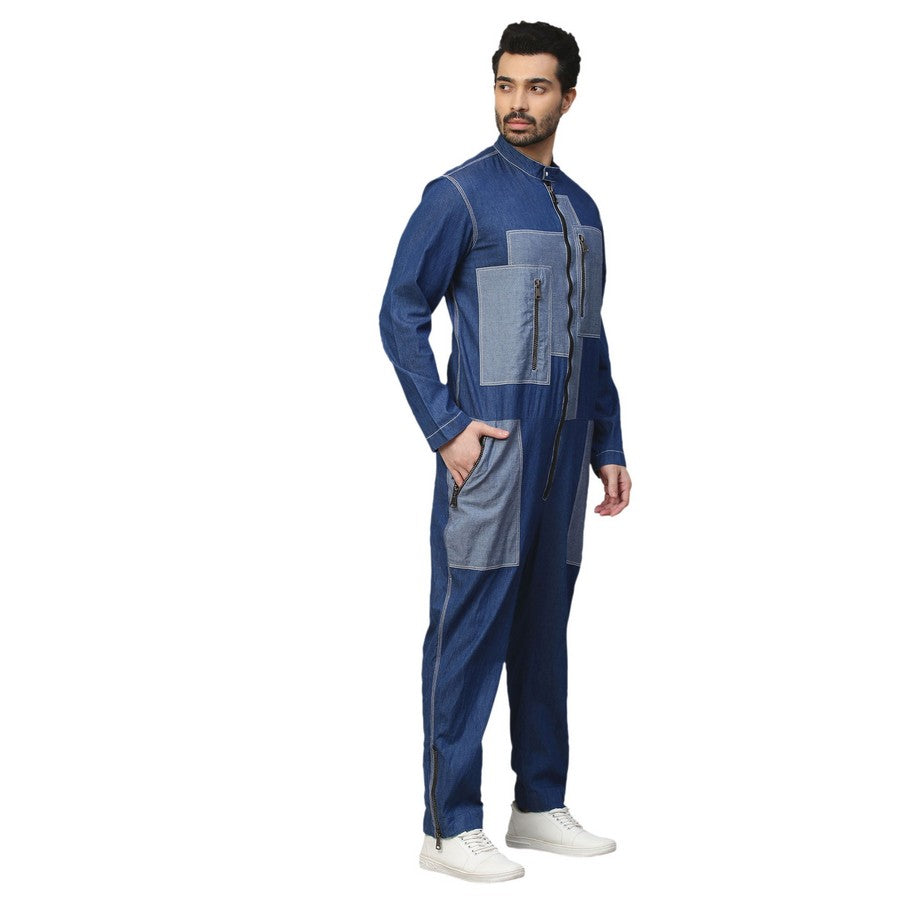 Dark and light denim jumpsuit with black metallic zipper