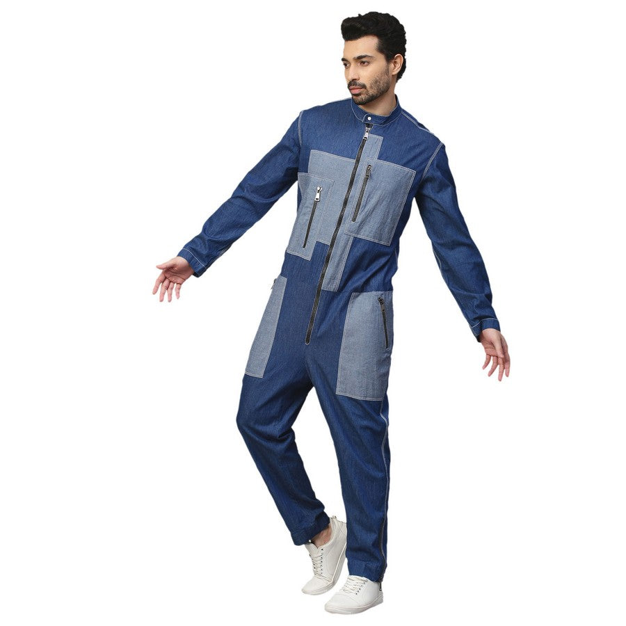 Dark and light denim jumpsuit with black metallic zipper