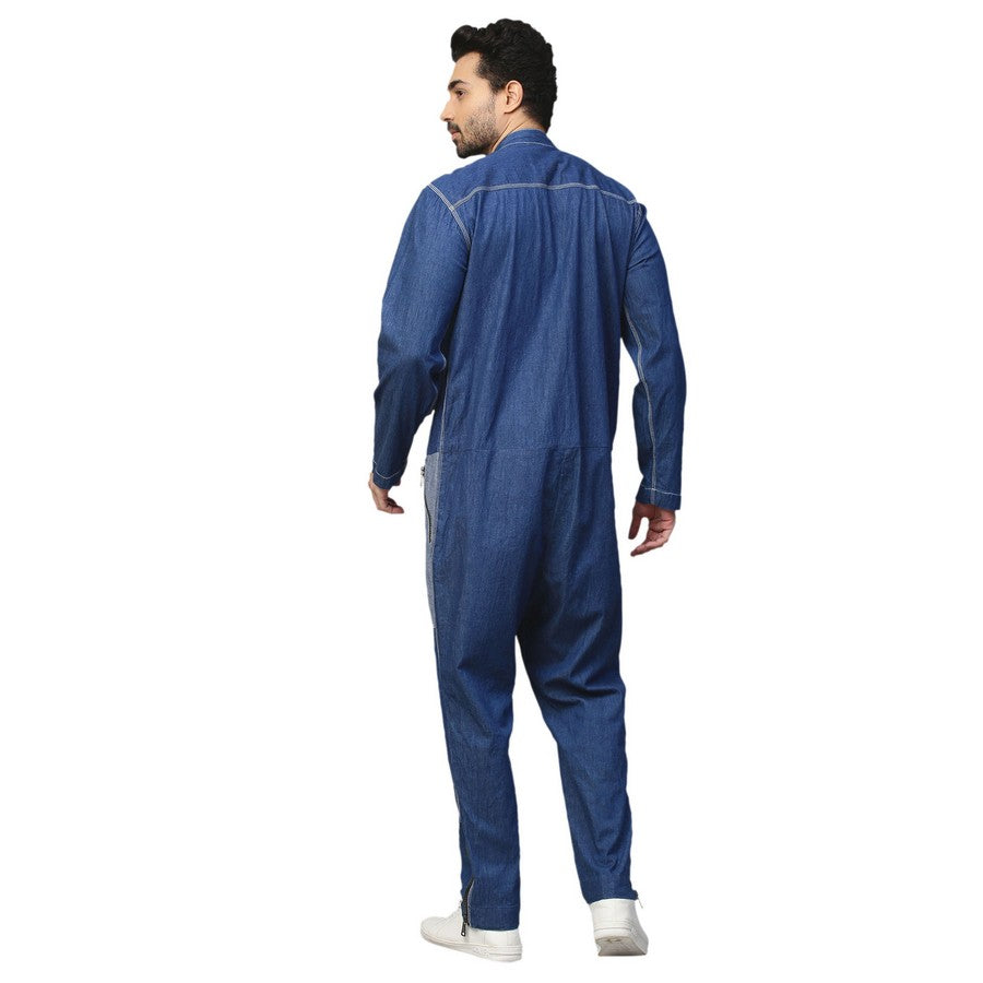 Dark and light denim jumpsuit with black metallic zipper