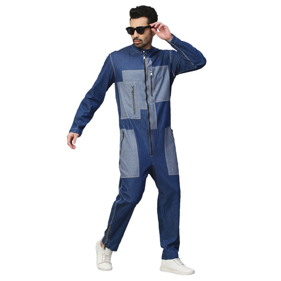 Dark and light denim jumpsuit with black metallic zipper