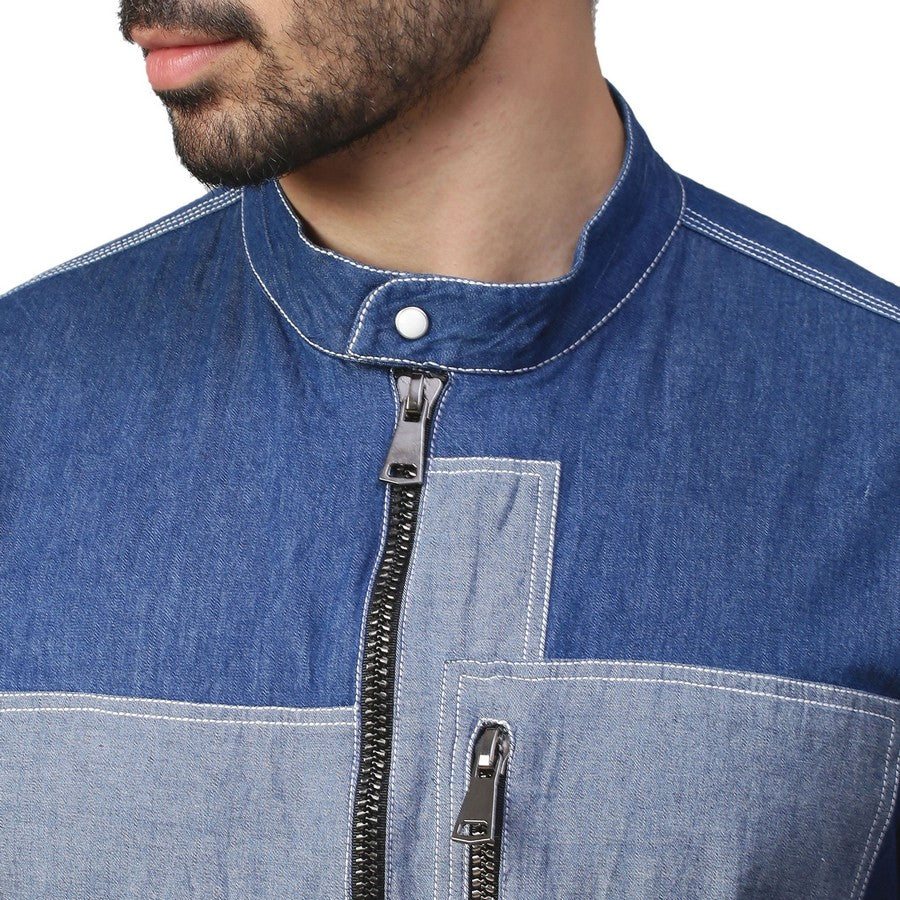 Dark and light denim jumpsuit with black metallic zipper