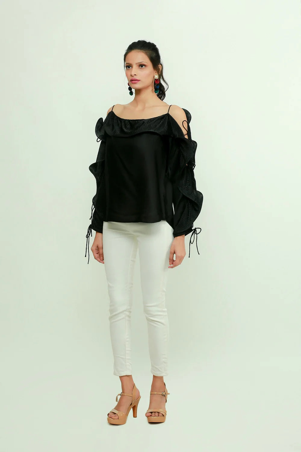 Off shoulder top with pleated frill running across sleeves