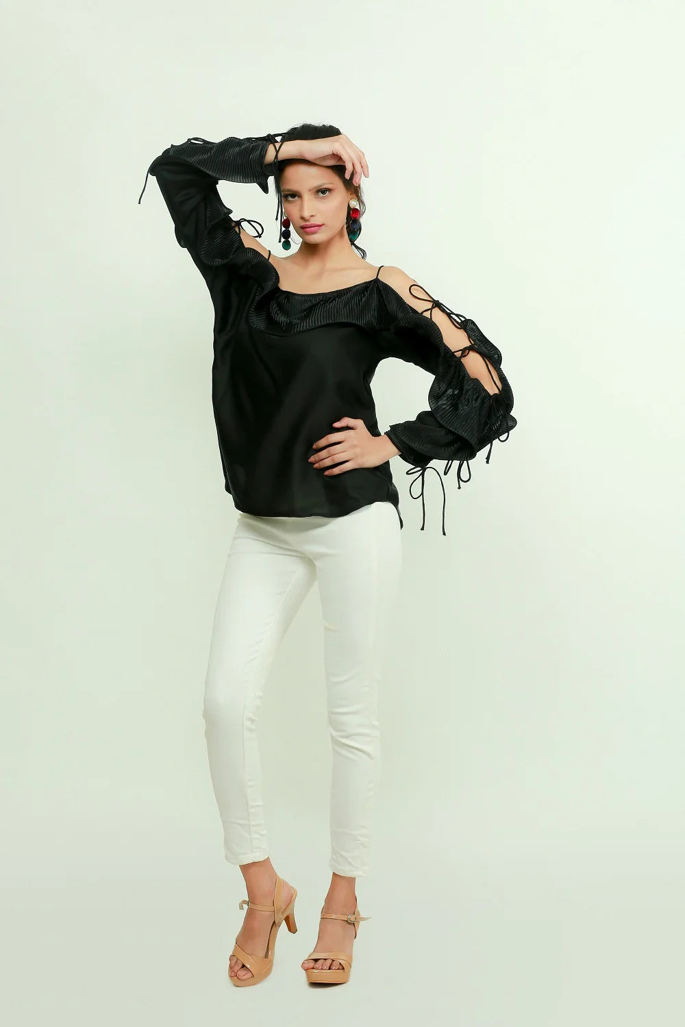 Off shoulder top with pleated frill running across sleeves