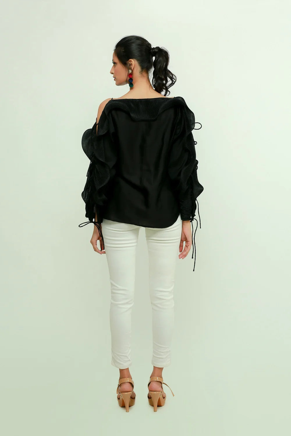 Off shoulder top with pleated frill running across sleeves
