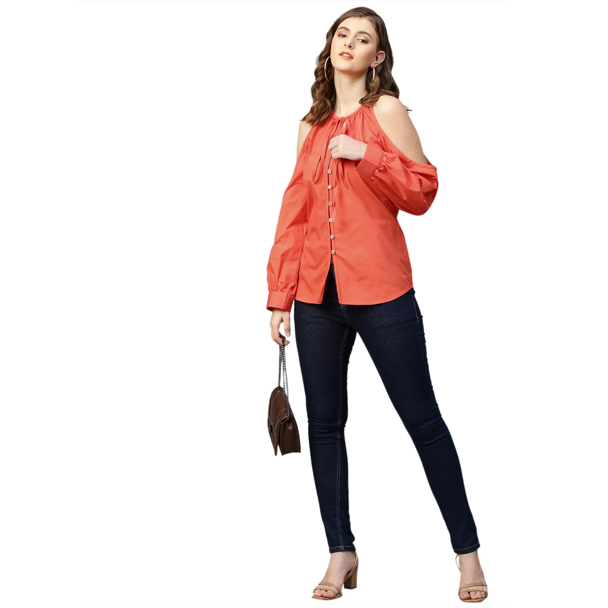 Neck tie-up and cold shoulder shirt