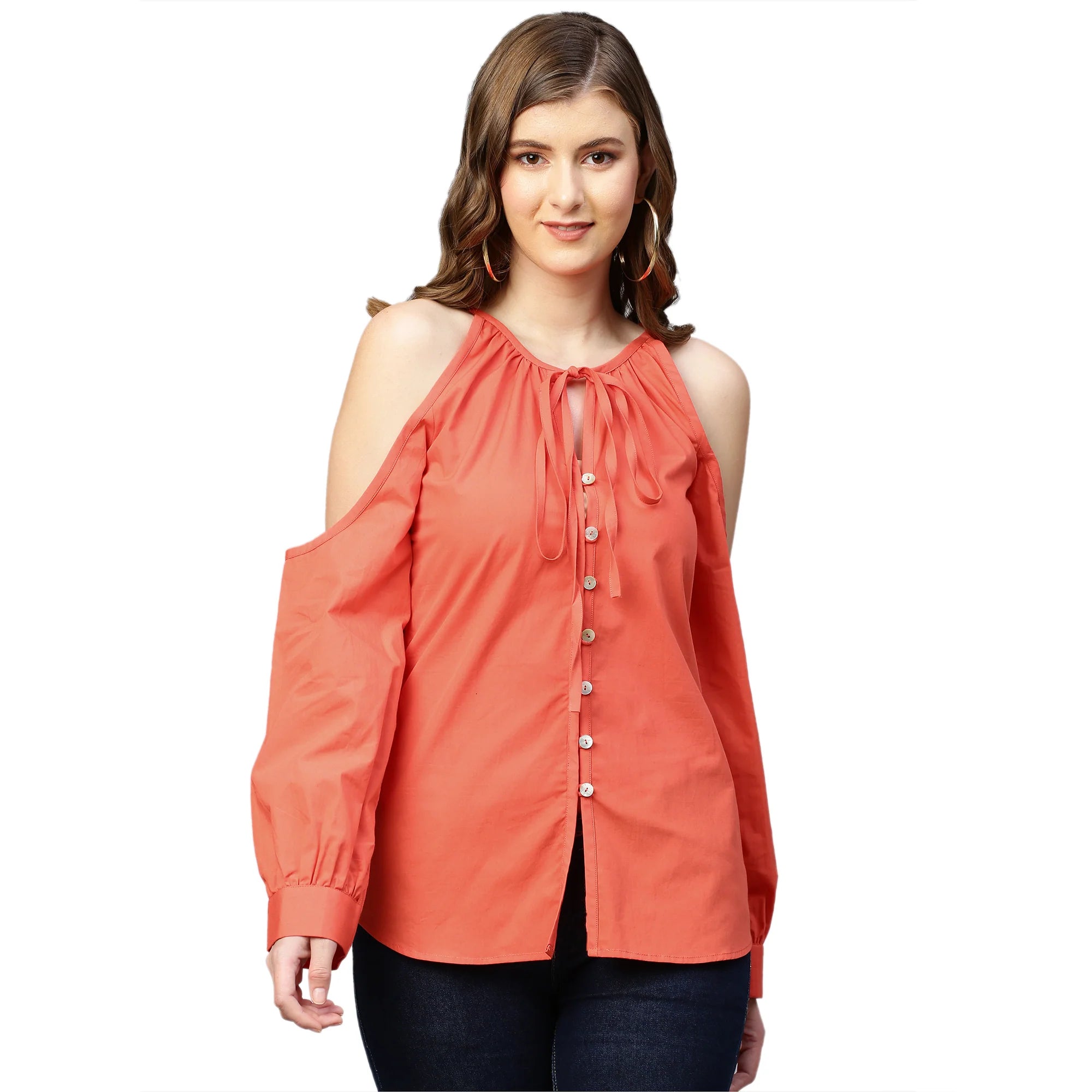 Neck tie-up and cold shoulder shirt