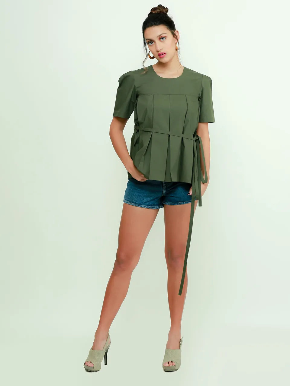 Military Green inverted pleats top
