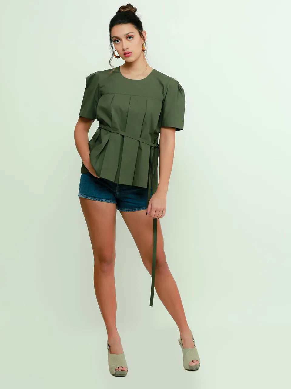 Military Green inverted pleats top