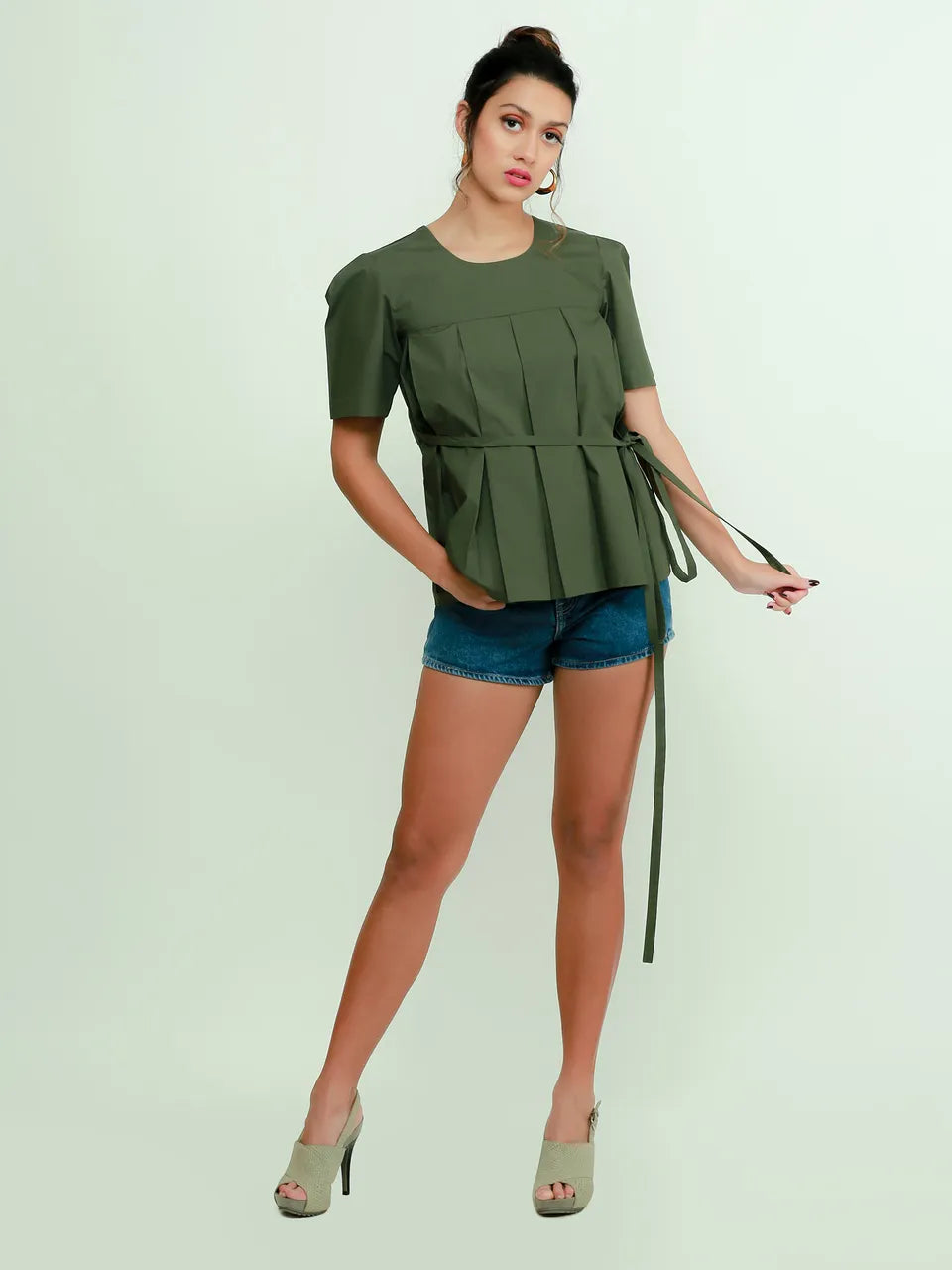 Military Green inverted pleats top