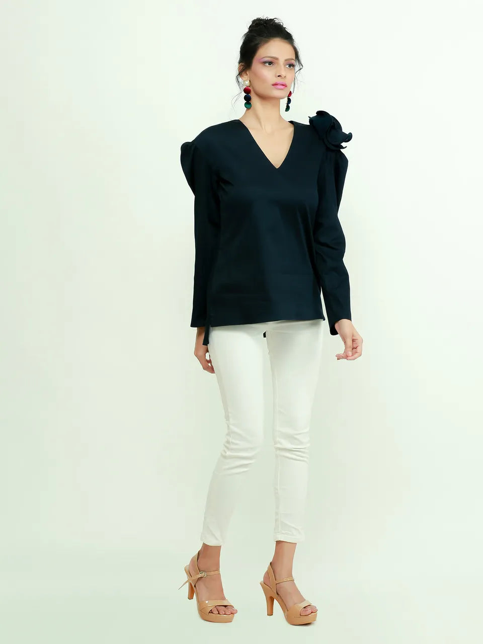 Navy Blue top with one shoulder flower feature