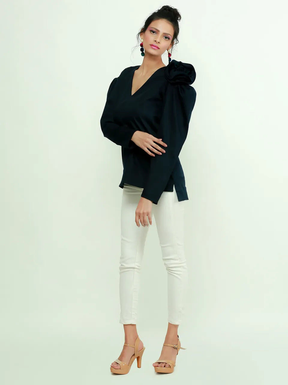 Navy Blue top with one shoulder flower feature