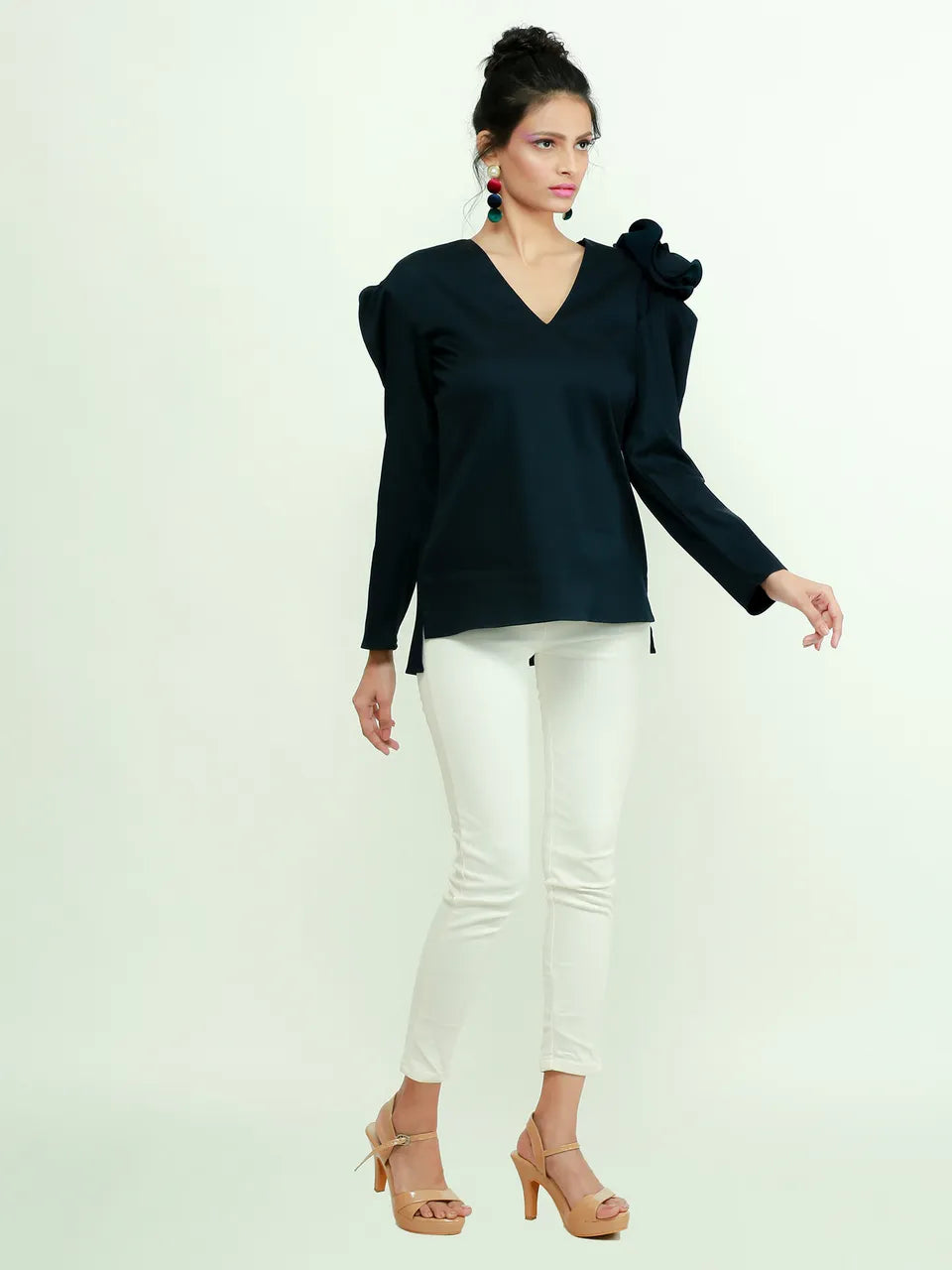 Navy Blue top with one shoulder flower feature