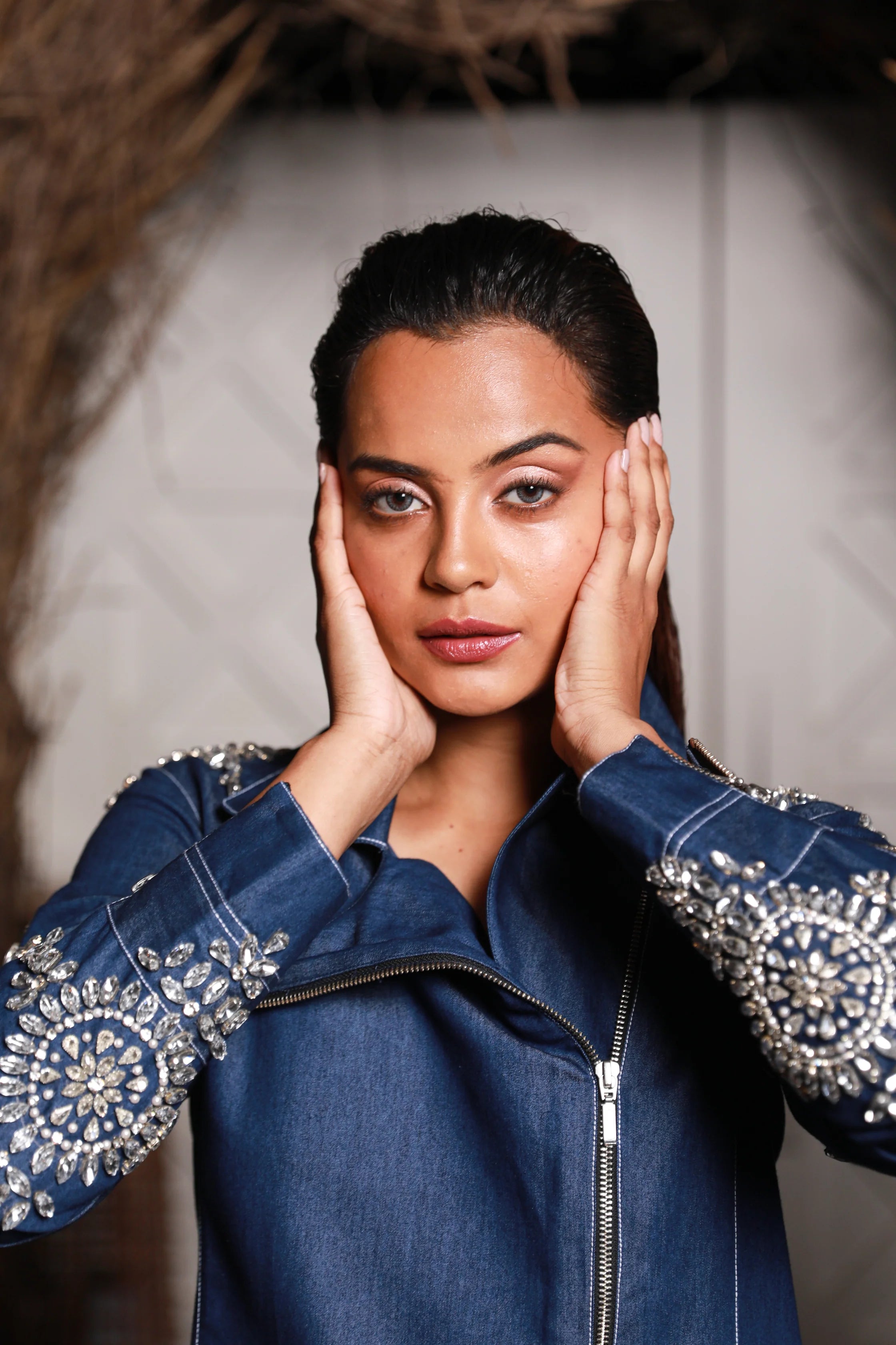 Embroidered denim jacket top