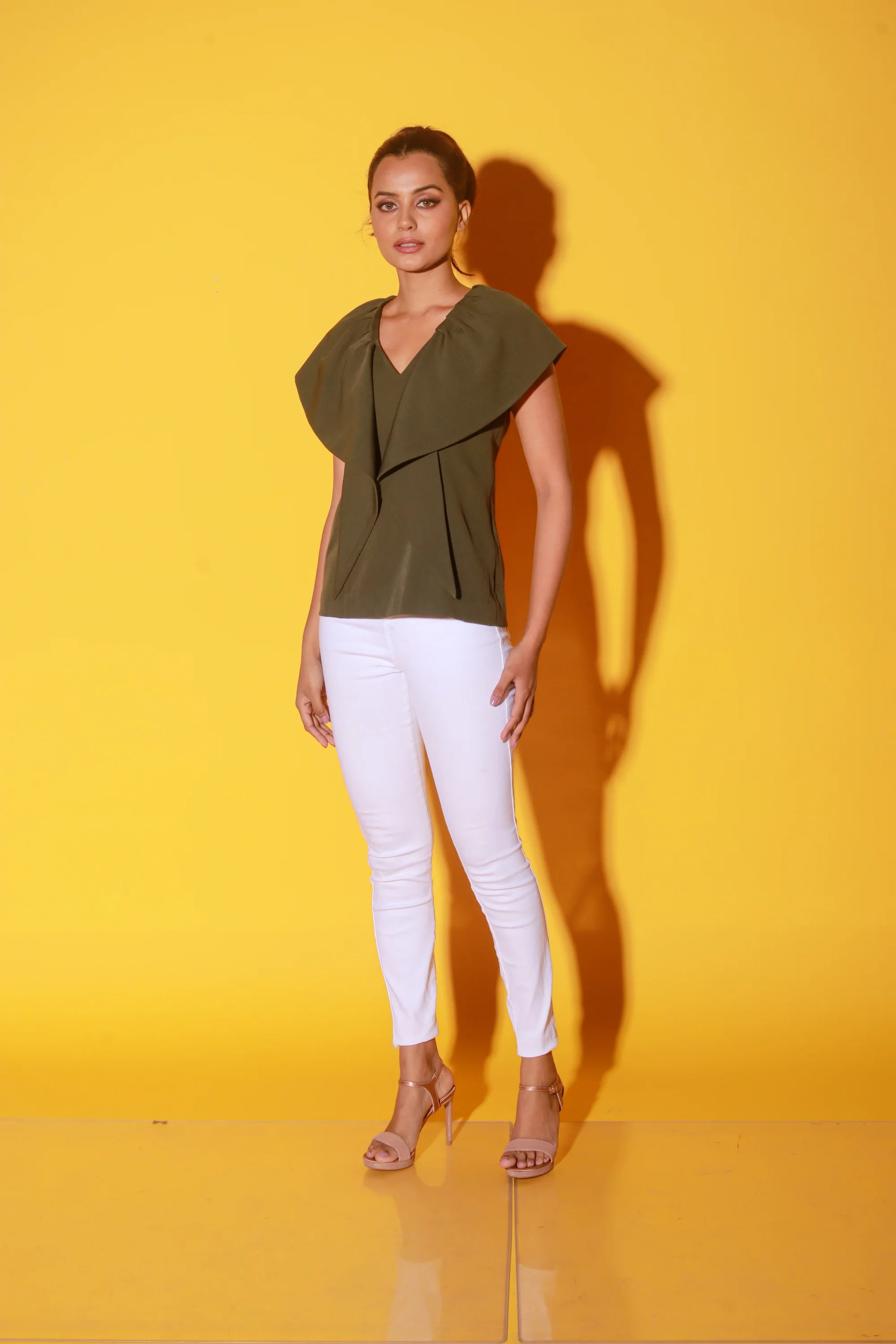Olive green V-neck top with frills