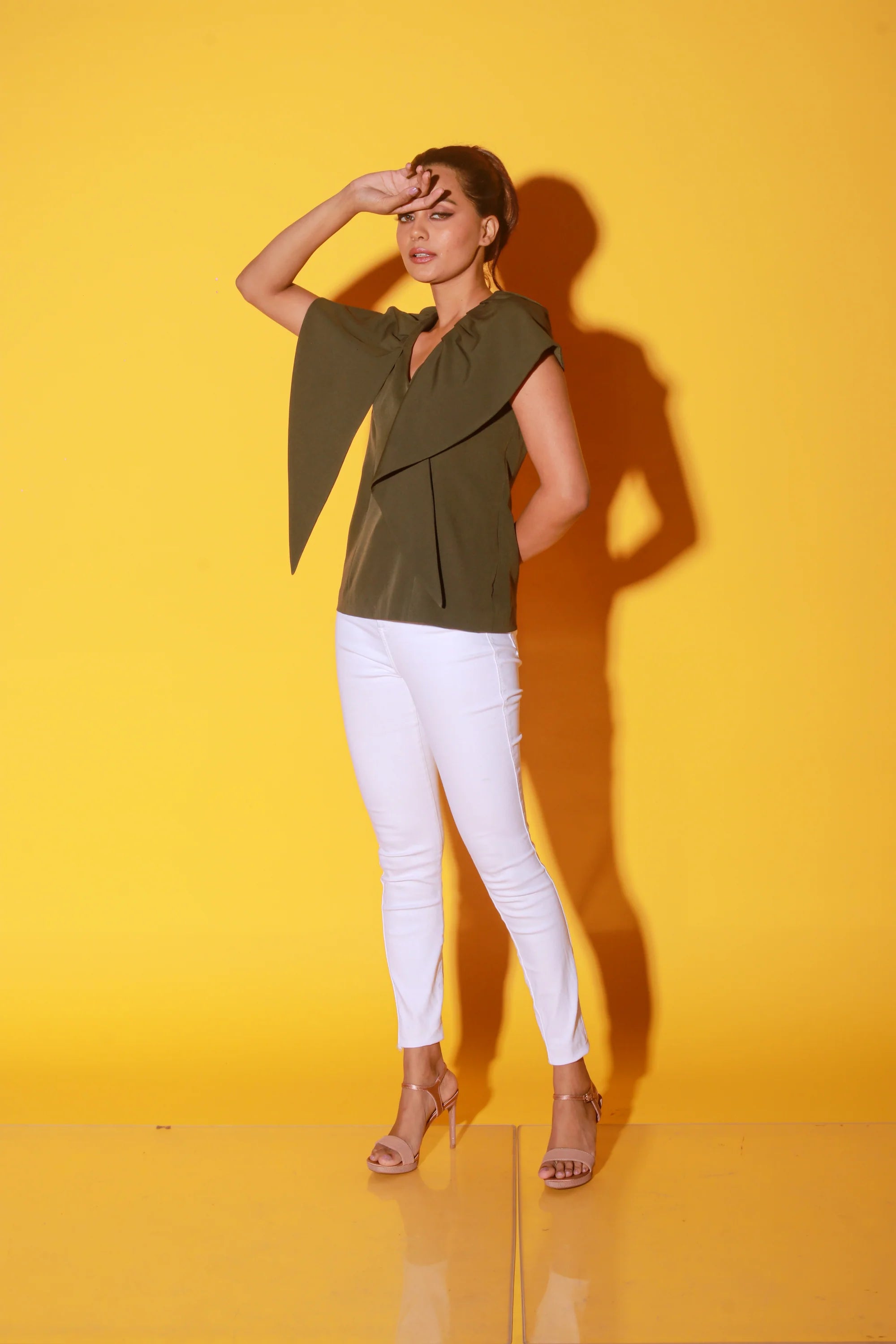 Olive green V-neck top with frills