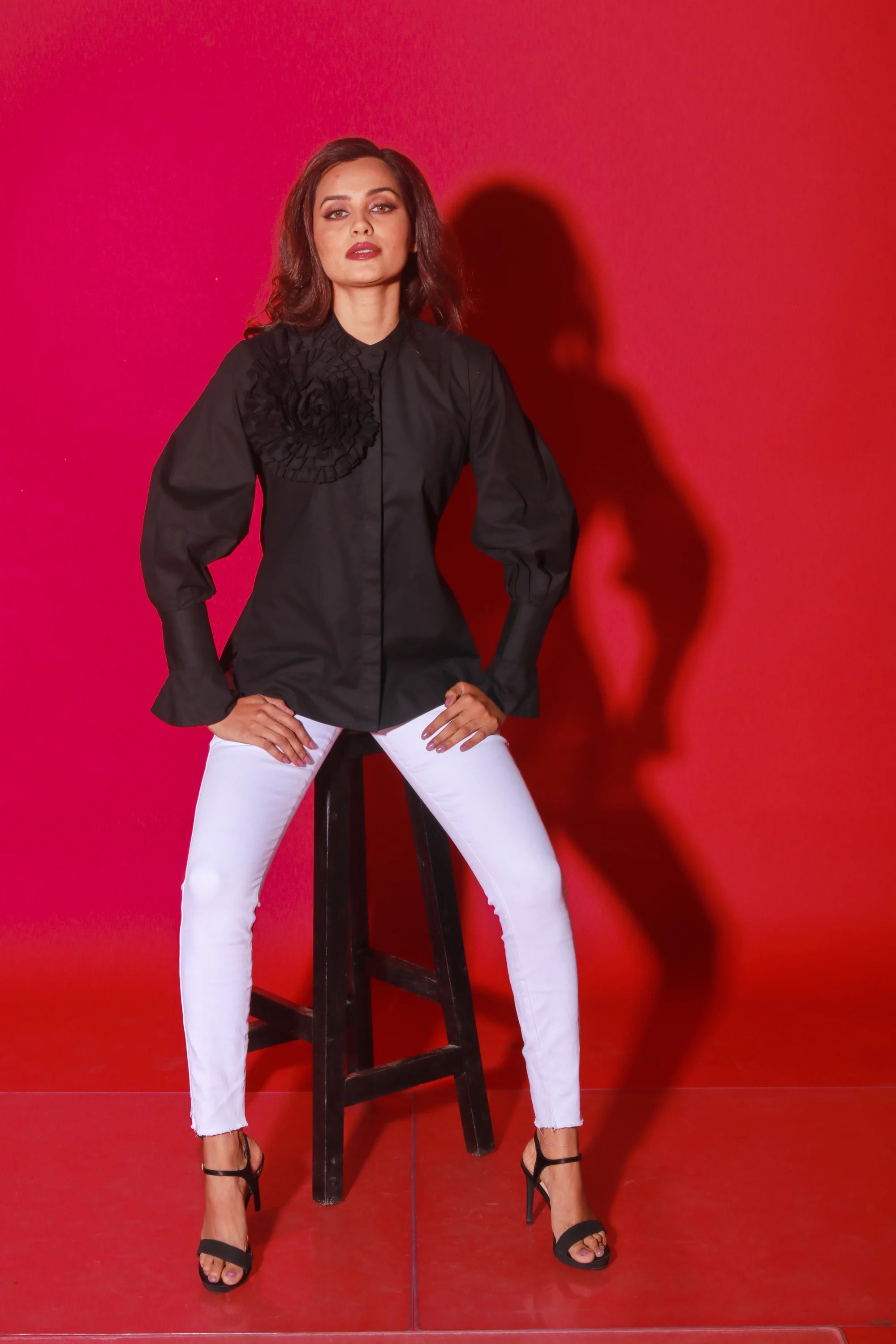 Black chinese collar top with flower feature