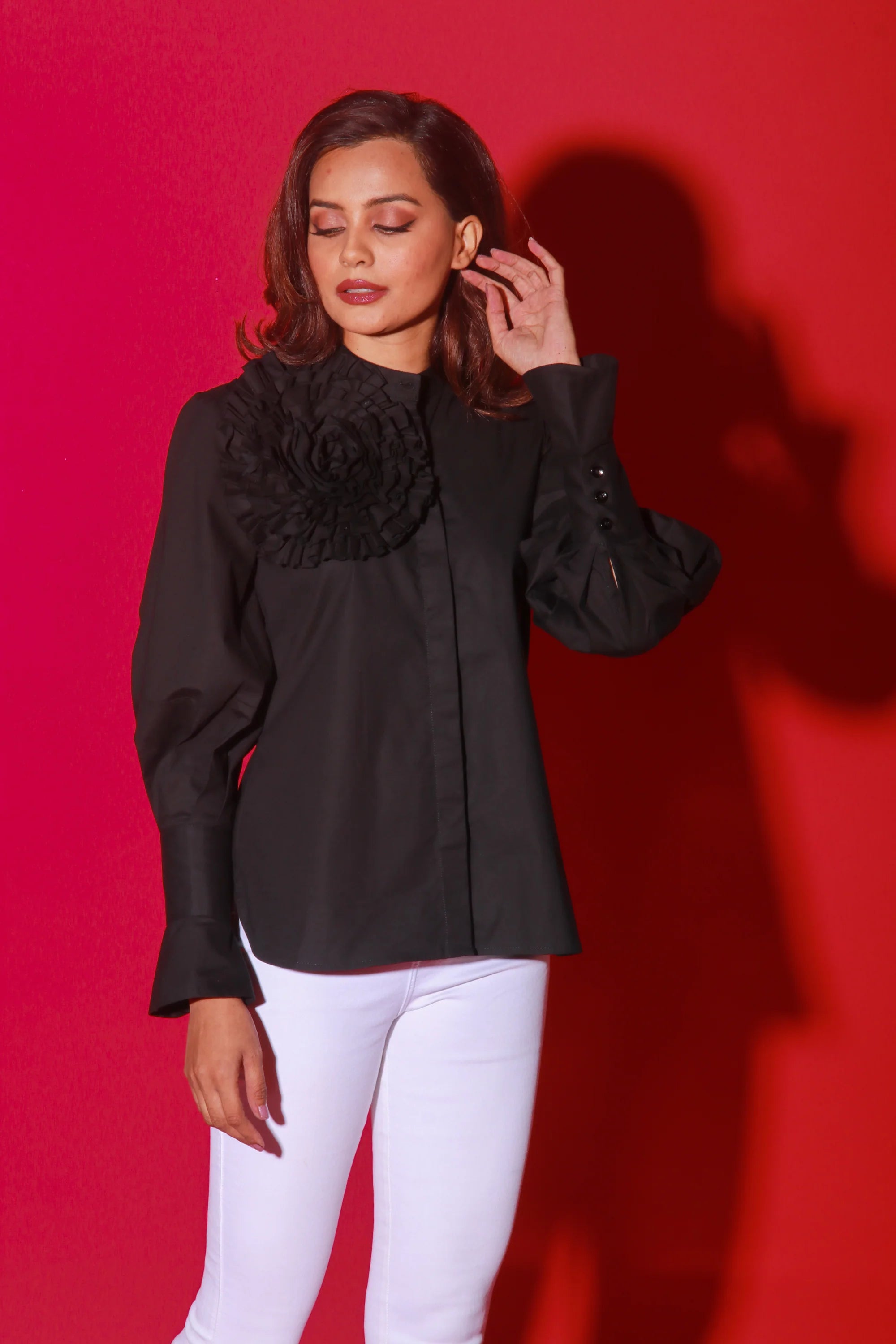 Black chinese collar top with flower feature