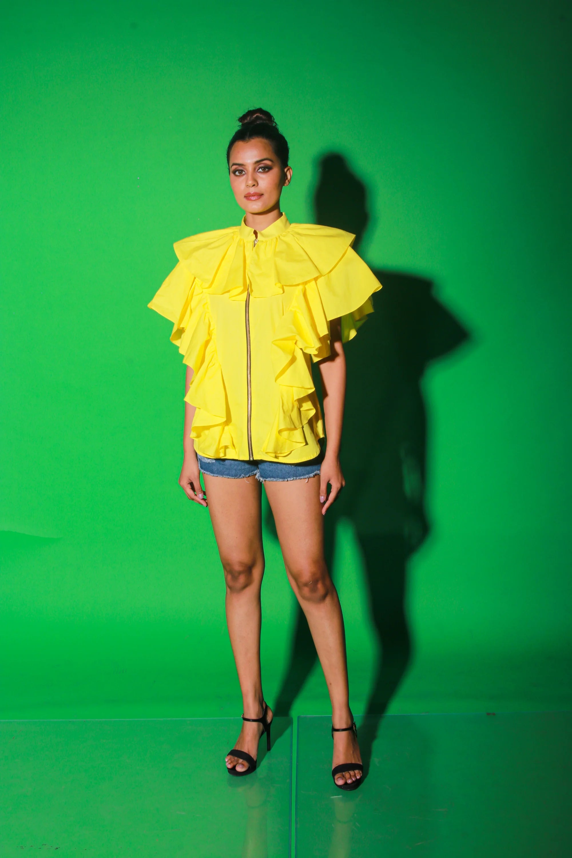 Yellow chinese collar top with ruffles