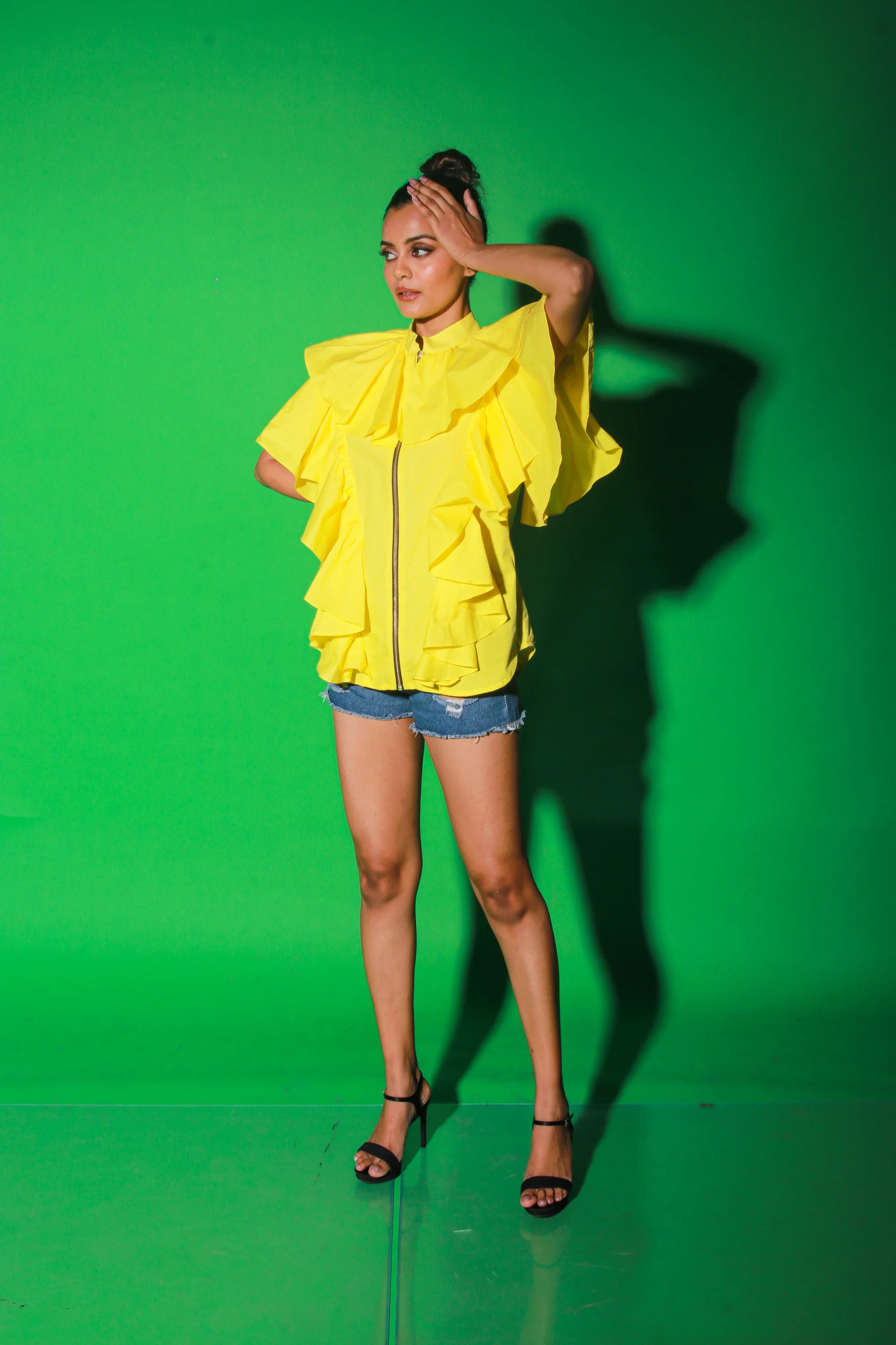 Yellow chinese collar top with ruffles