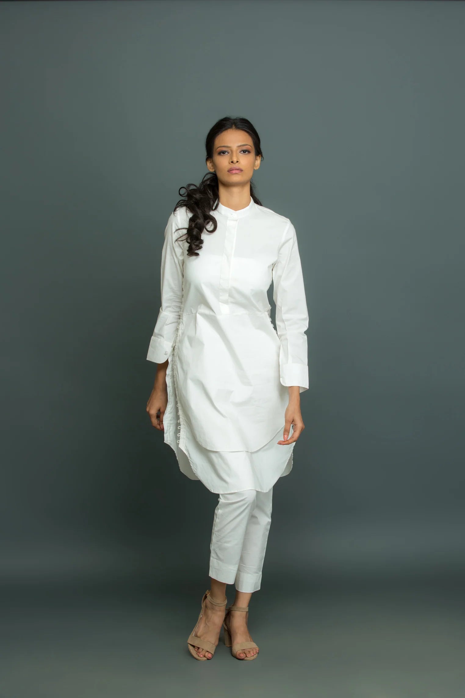 White side buttons with chinese collar co-ord set