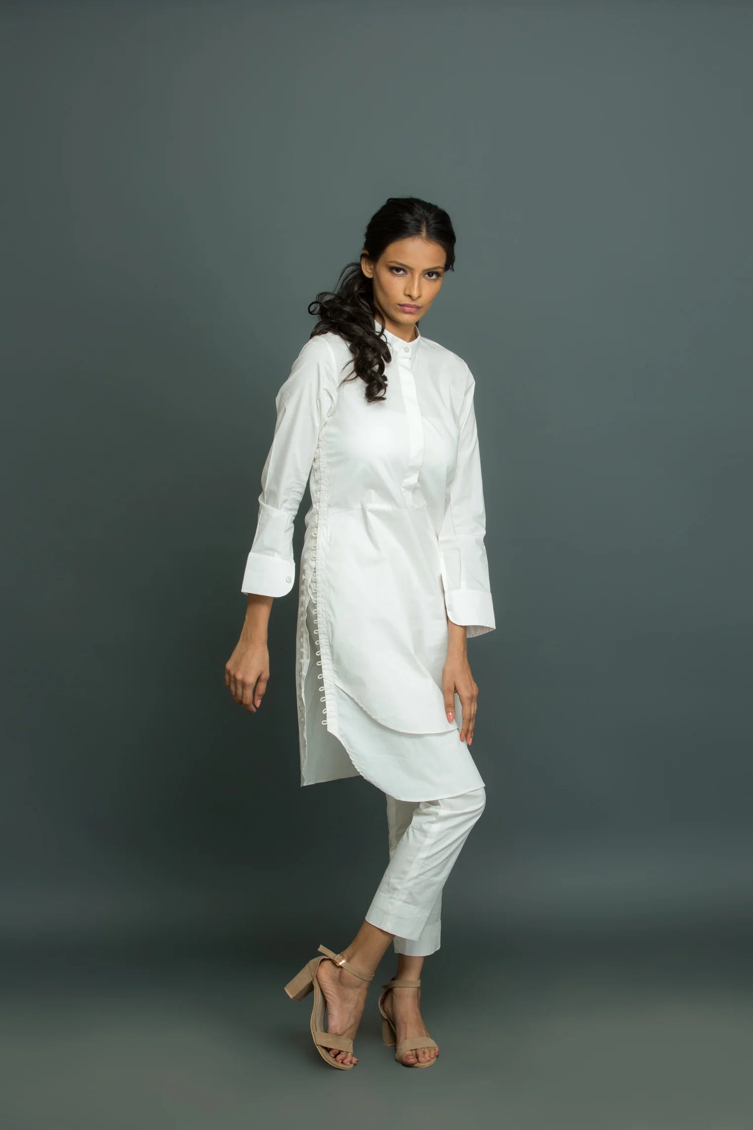 White side buttons with chinese collar co-ord set