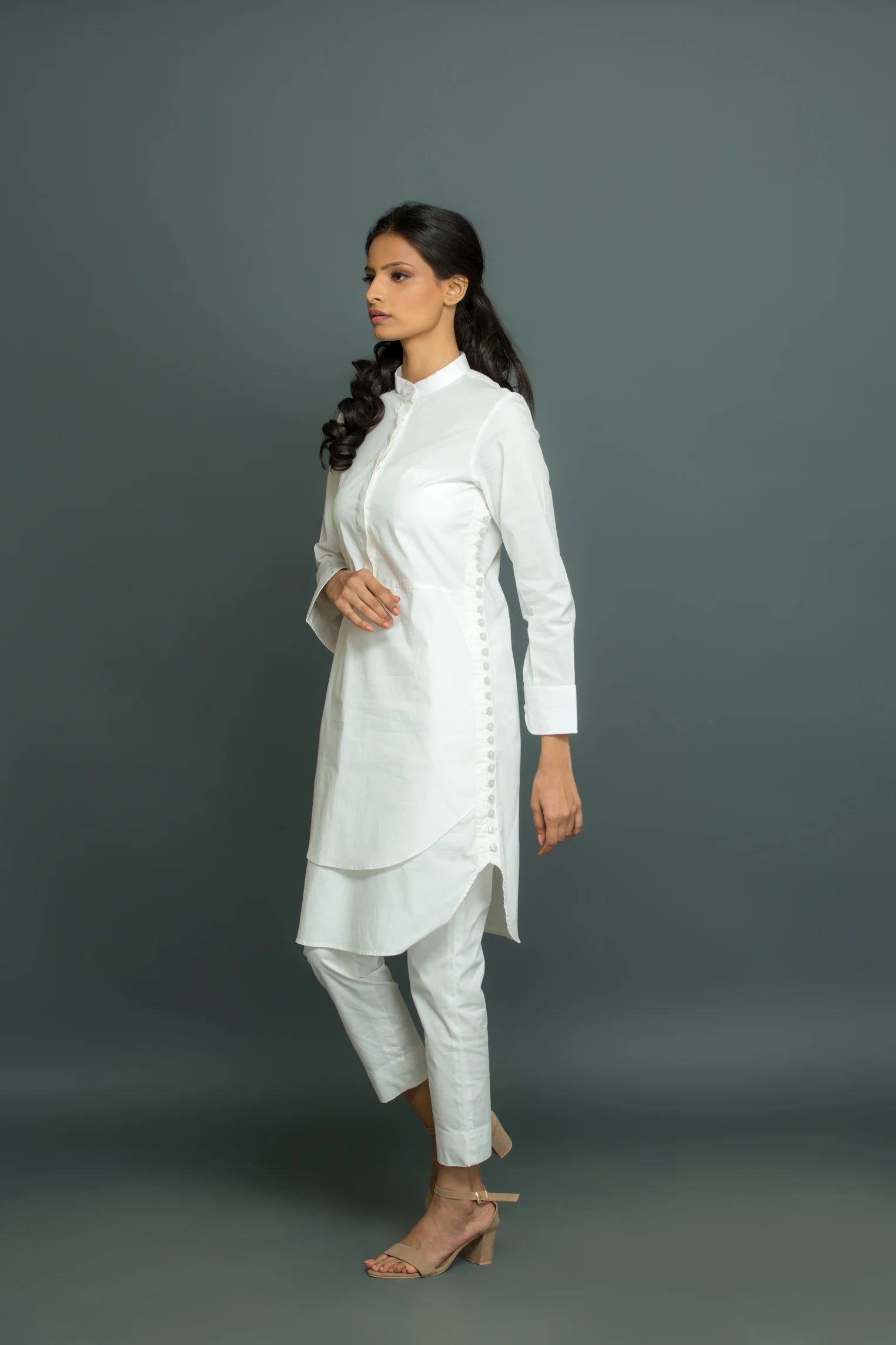 White side buttons with chinese collar co-ord set