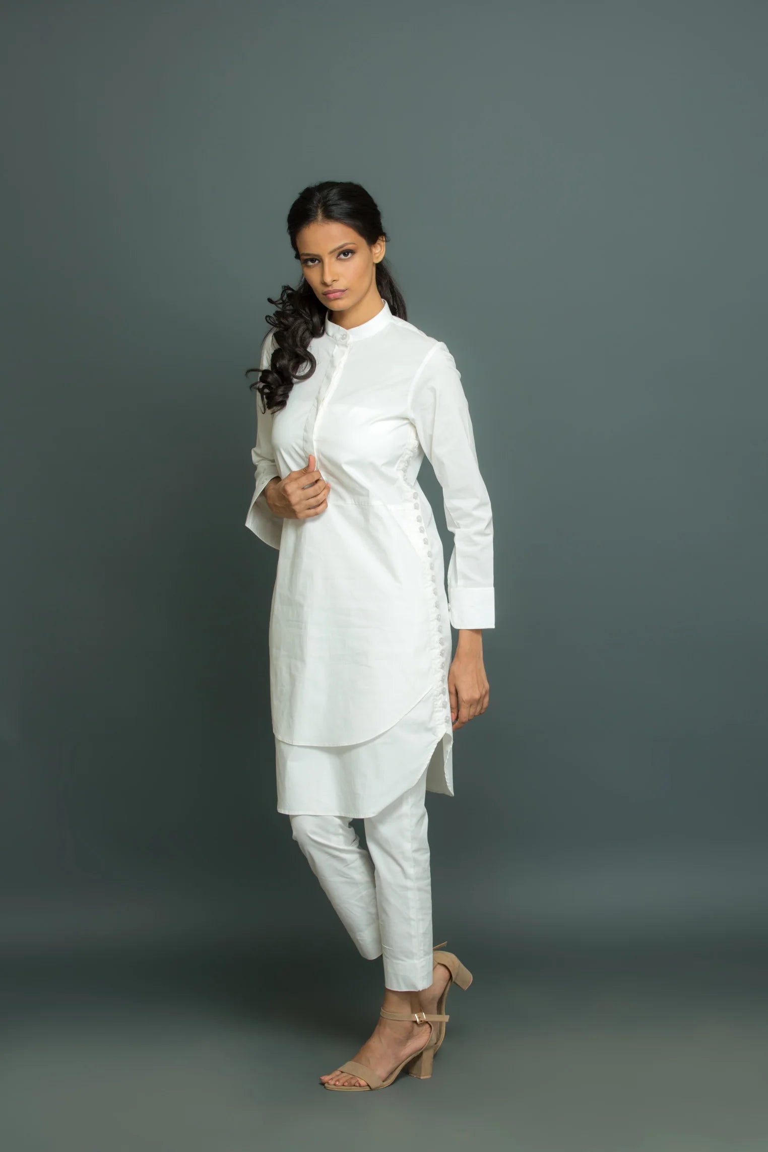 White side buttons with chinese collar co-ord set