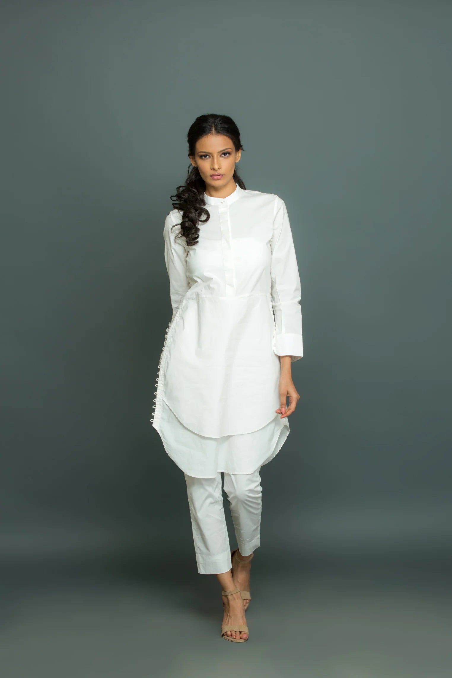 White side buttons with chinese collar co-ord set