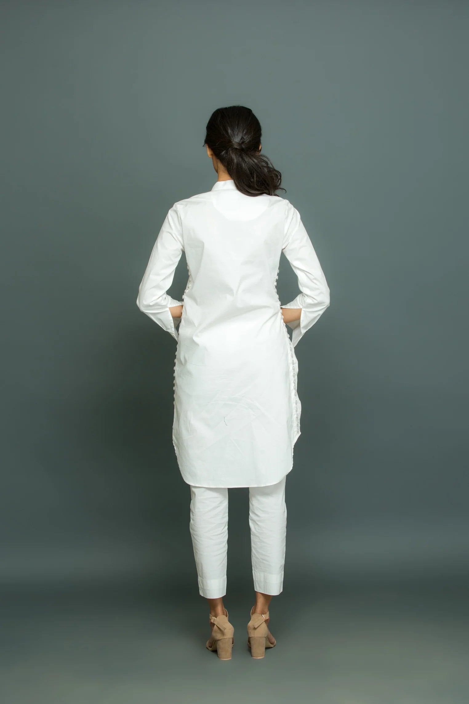 White side buttons with chinese collar co-ord set