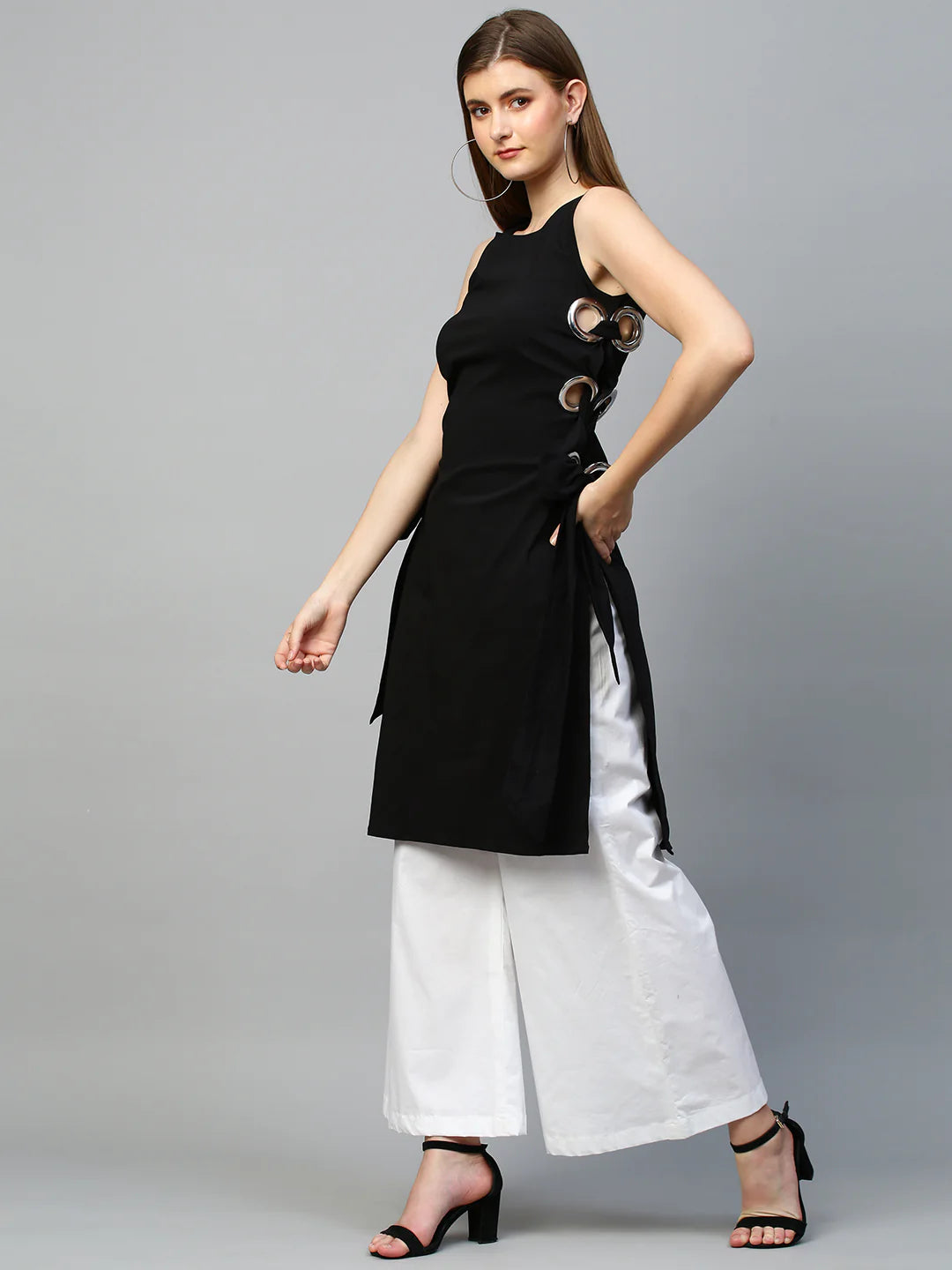 Top with eyelets tie-up feature and flared pants co-ord set