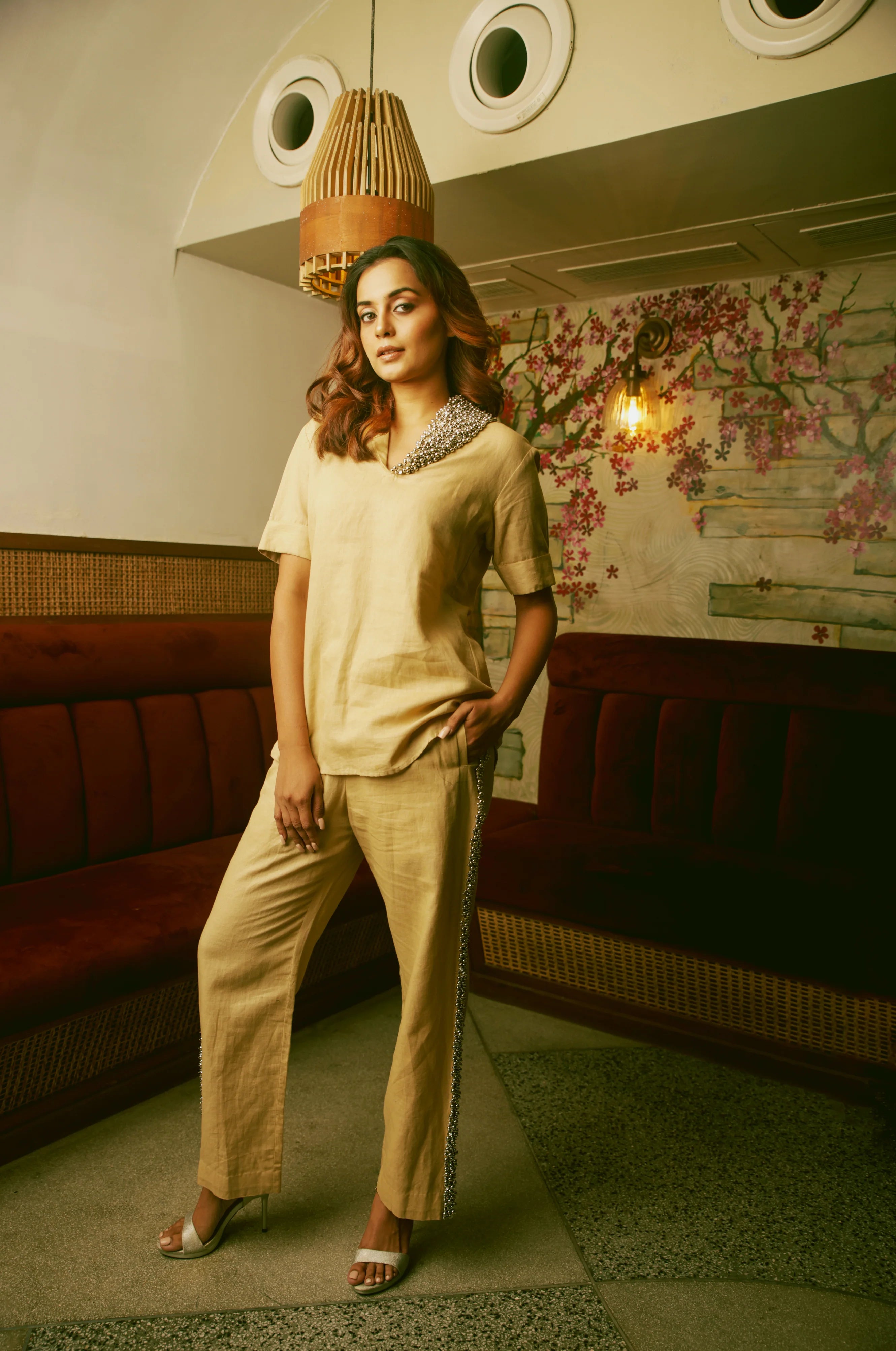Beige embroidered co-ord set